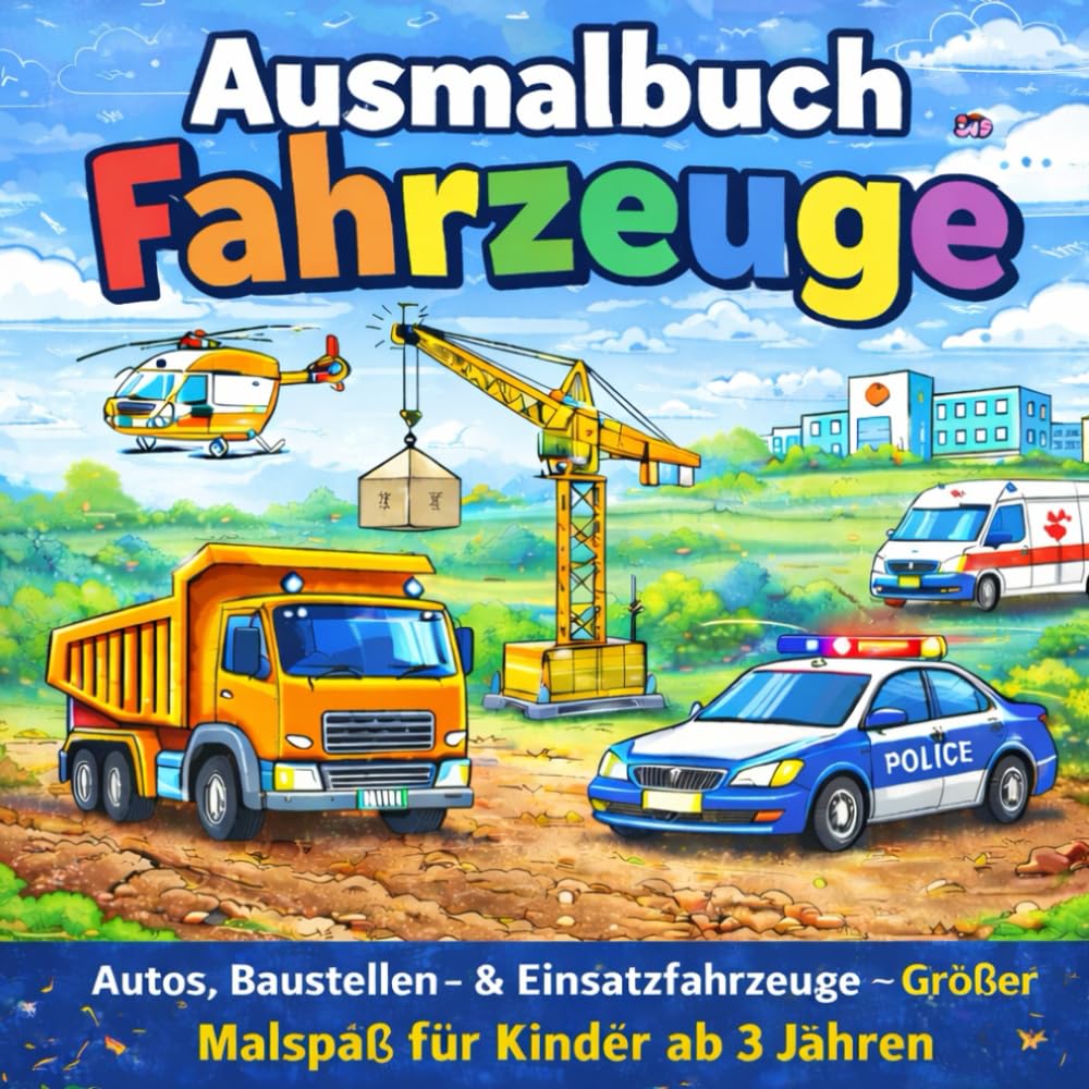 Ausmalbuch Fahrzeuge Autos, Baustellenfahrzeuge, Einsatzfahrzeuge & mehr Für Kinder ab 3 Jahren: Autos, Baustellen- & Einsatzfahrzeuge – Großer Malspaß für Kinder ab 3 Jahren