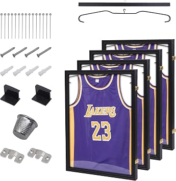 CDEN Jersey Frame Display Case, T-Shirt Shadow Box with UV Protection Acrylic and Hangers for Baseball, Football, Basketball & Soccer Jerseys 4 Pack