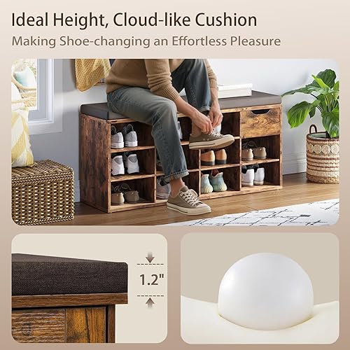 Miniatura 5 de DINZI LVJ Banco de almacenamiento de zapatos con cojín, zapatero con 12 cubos y estantes ajustables, organizador de zapatos multifuncional para