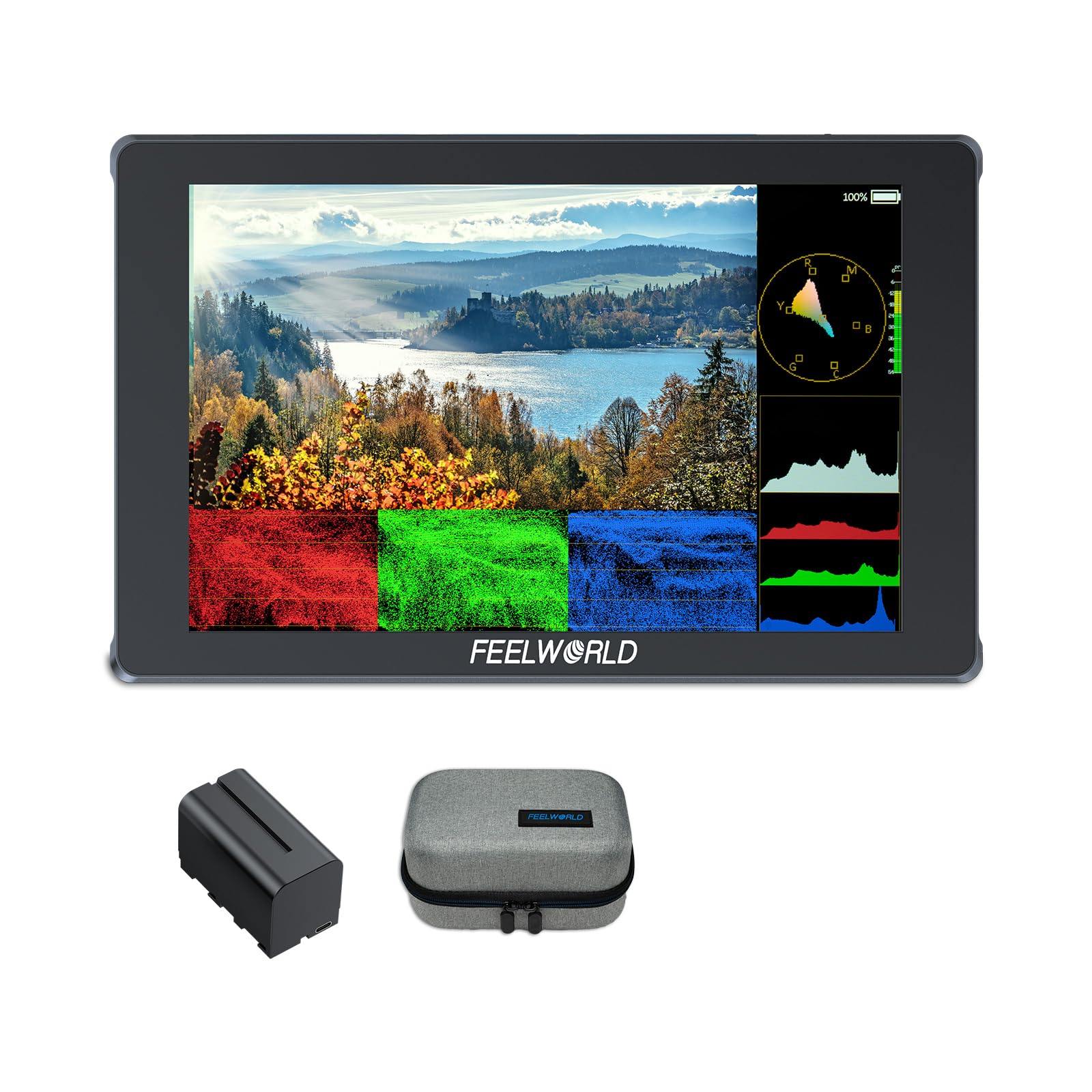 FEELWORLD F7 Plus 7 Inch 1200nit DSLR Camera Field Monitor with F750 4400mAh Battery and Bag High Brightness Touchscreen 3D Lut HDR Waveform F970 Install and Power Kit 4K 60Hz HDMI in Out