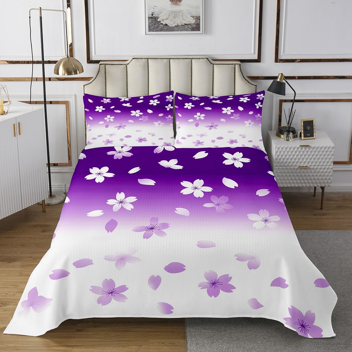 Erosebridal Purple White Gradient Coverlet Sets Romantic Cherry Blossom Queen Size Bedspread Sets for Kids Boys Girls,Watercolor Flowers Dreamy Sakura Quilt Set Japanese Sakura Plants Bed Set