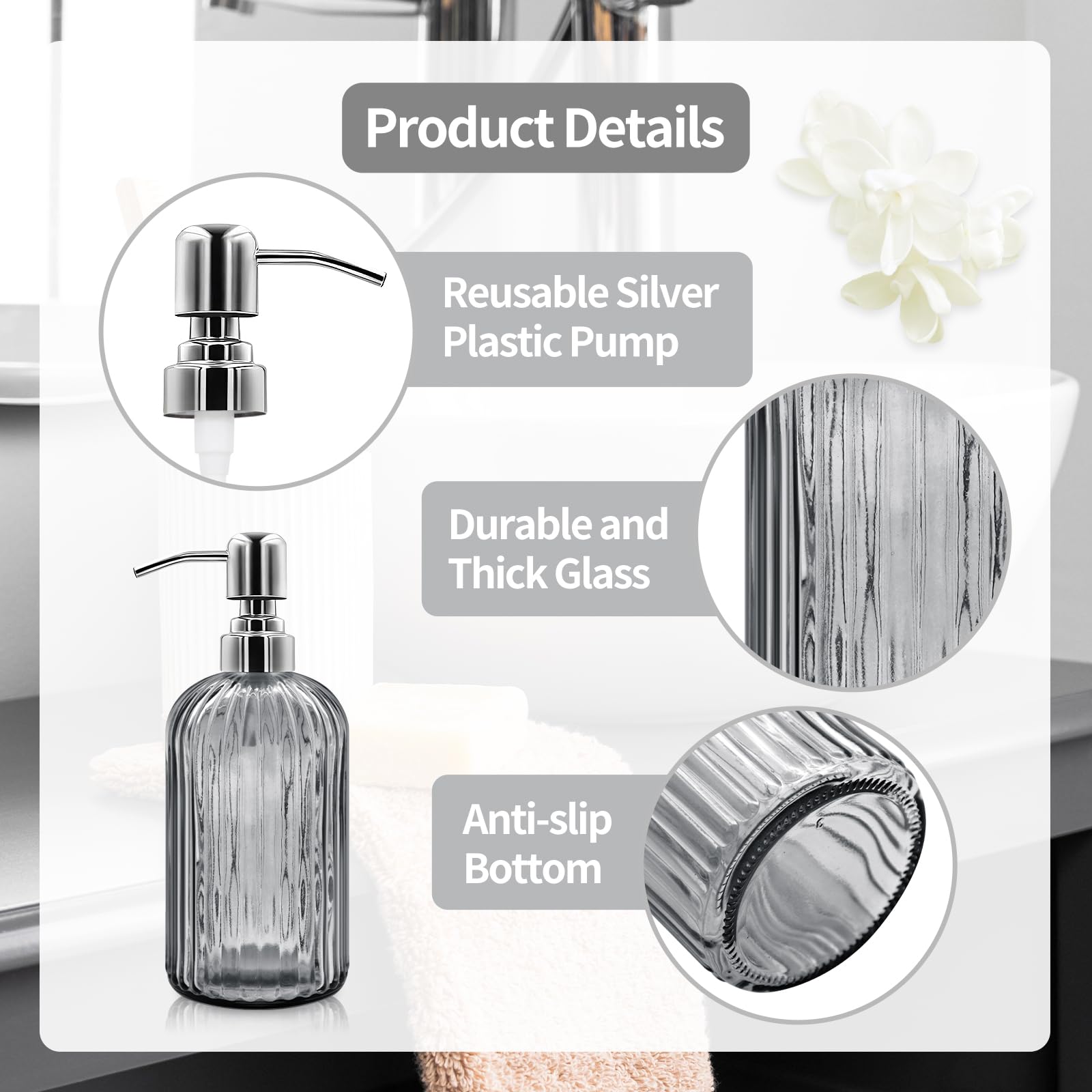 Distributeur de savon en verre de 532 ml avec pompe en acier inoxydable, bouteille de savon liquide rechargeable au design moderne côtelé pour salle de bain, cuisine, savon pour les mains, savon à