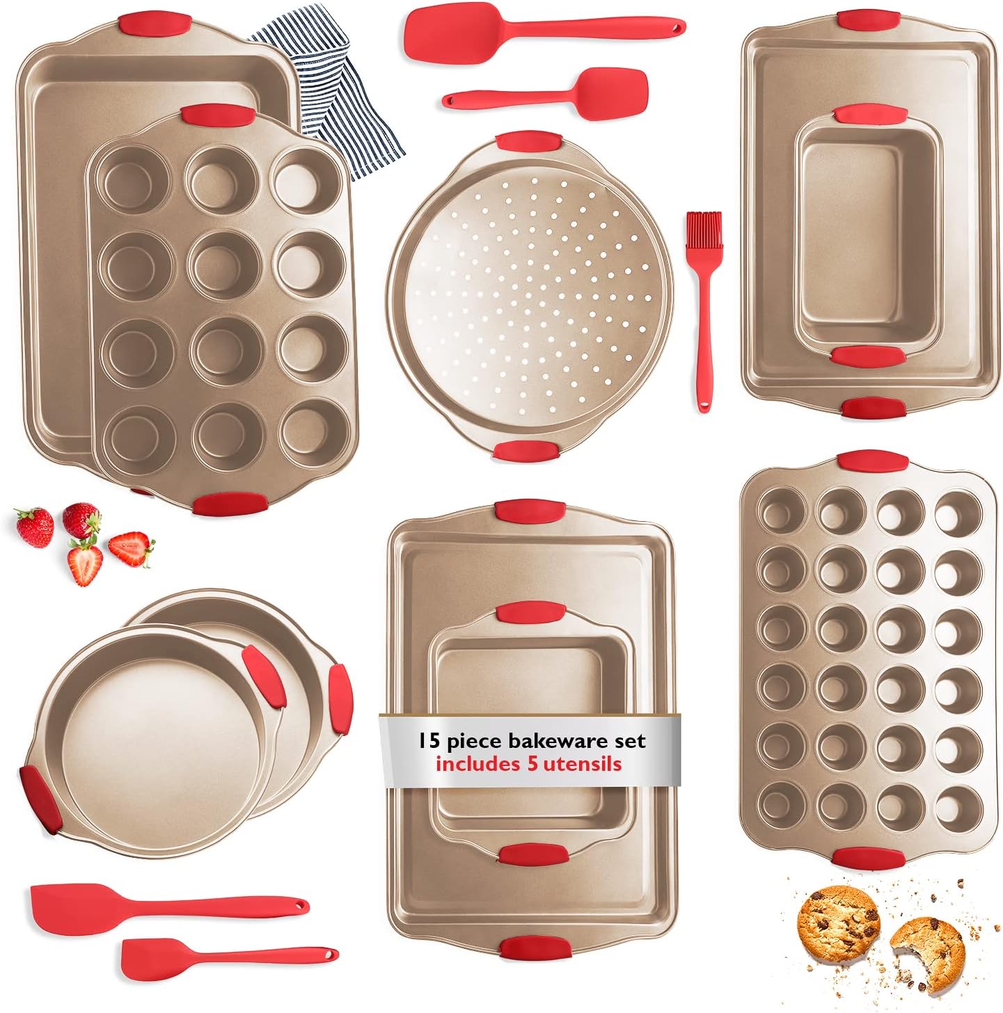Eatex Baking Pans Set - 15PC Baking Set with Silicone Handles, Durable Steel Baking Tray Set for Oven, BPA Free Bakeware Sets, Oven Safe Bakeware for Baking, Nonstick Set with Utensils - Brown : Home & Kitchen