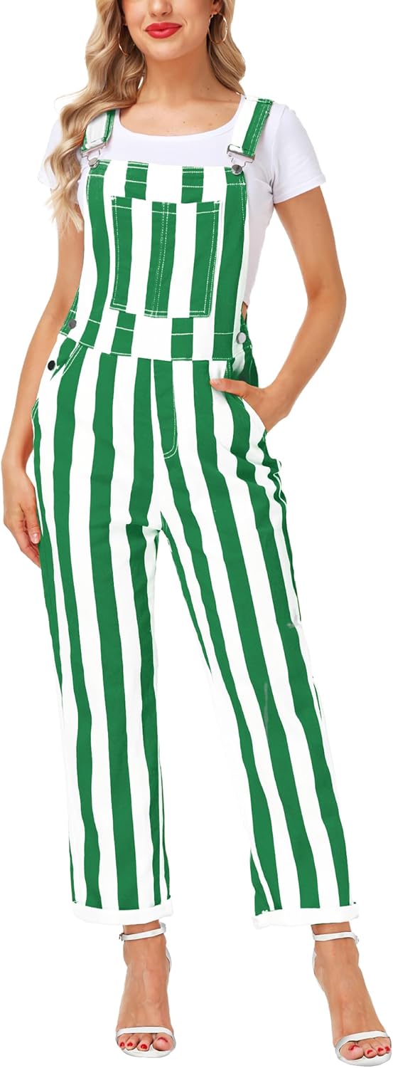 Womens Striped Bibs Overalls Cotton Denim Coveralls Stretch Jeans Jumpsuit