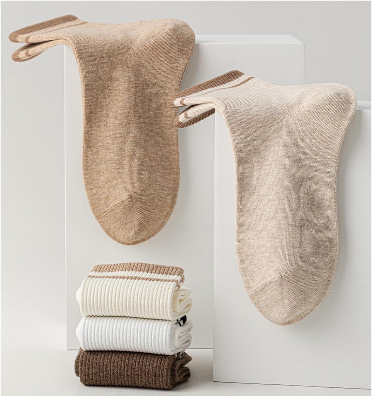 Deeorla Womens Striped Crew Socks Brown Vintage Retro Athletic Socks 5 Pairs - Image 3