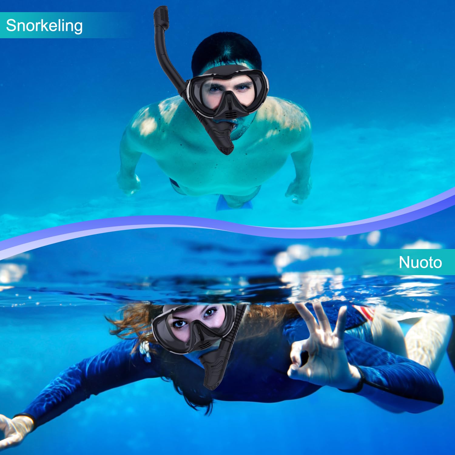 Set per Snorkeling Adulti con Maschera e Boccaglio, Maschera Subacquea Adulti, Subacquea Maschera Boccaglio, 180°, Panoramica, Anti-perdite, per Snorkeling Nuoto e Immersioni (Grigio nero)