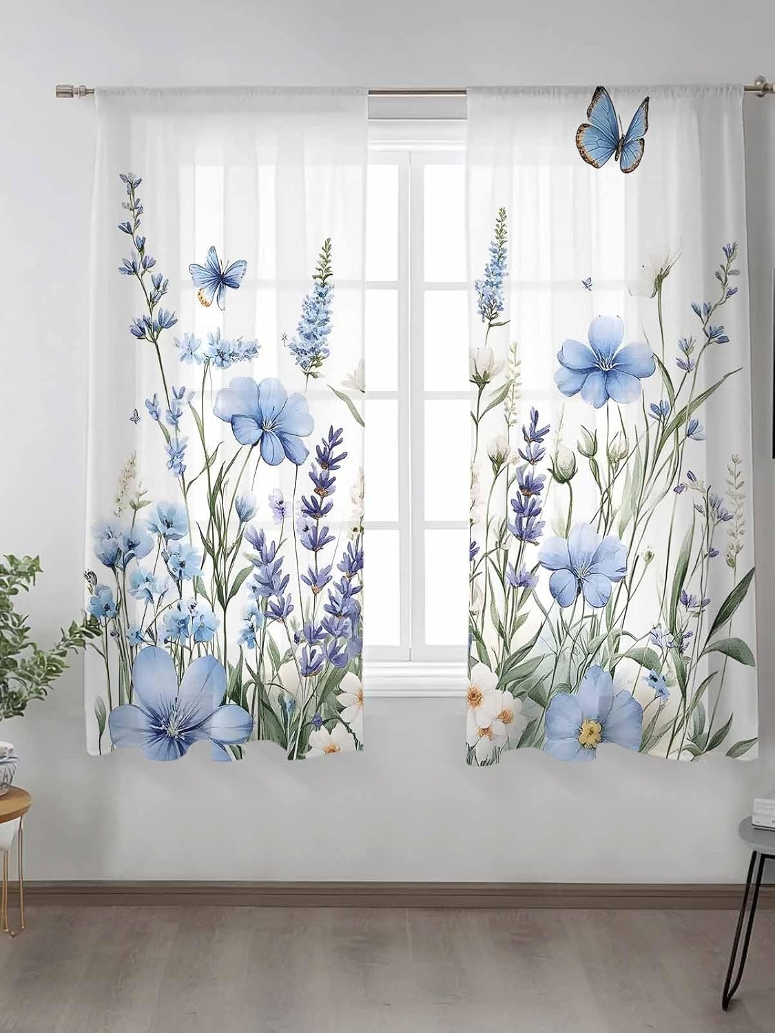 Spring Flower Sheer Curtains 63 Inch Long 2 Panels, Light Blue Floral Lavender Plants Light Filtering Rod Pocket Semi Sheer Curtains, Butterfly Sheer Voile Drapes for Living Room Bedroom, 52"x63"
