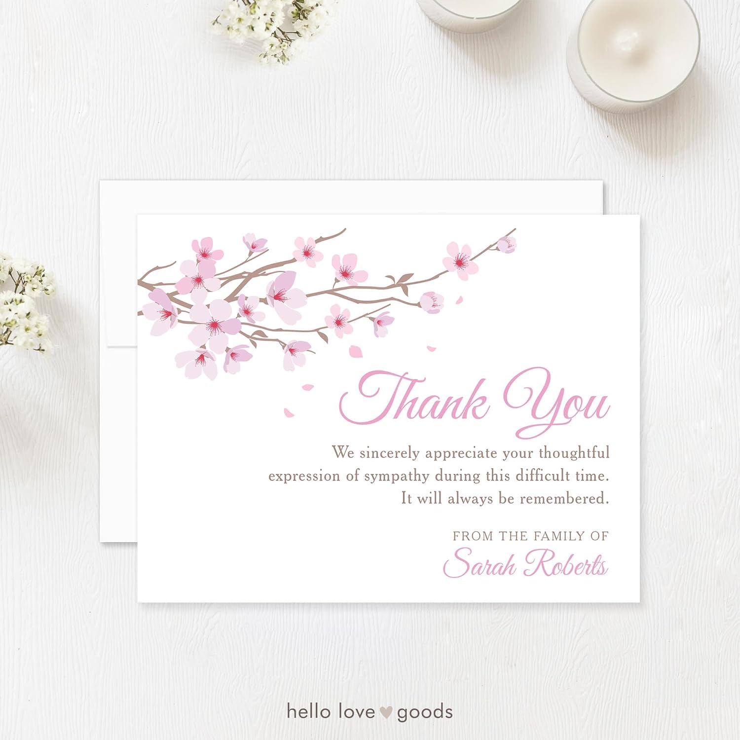Pink Floral Cherry Blossom Sympathy Thank You Cards, Funeral Thank You Cards, Personalized Bereavement Notes with Envelopes, 5.5x4.25 Flat Notecards (Pink & White, Flat Notecard)
