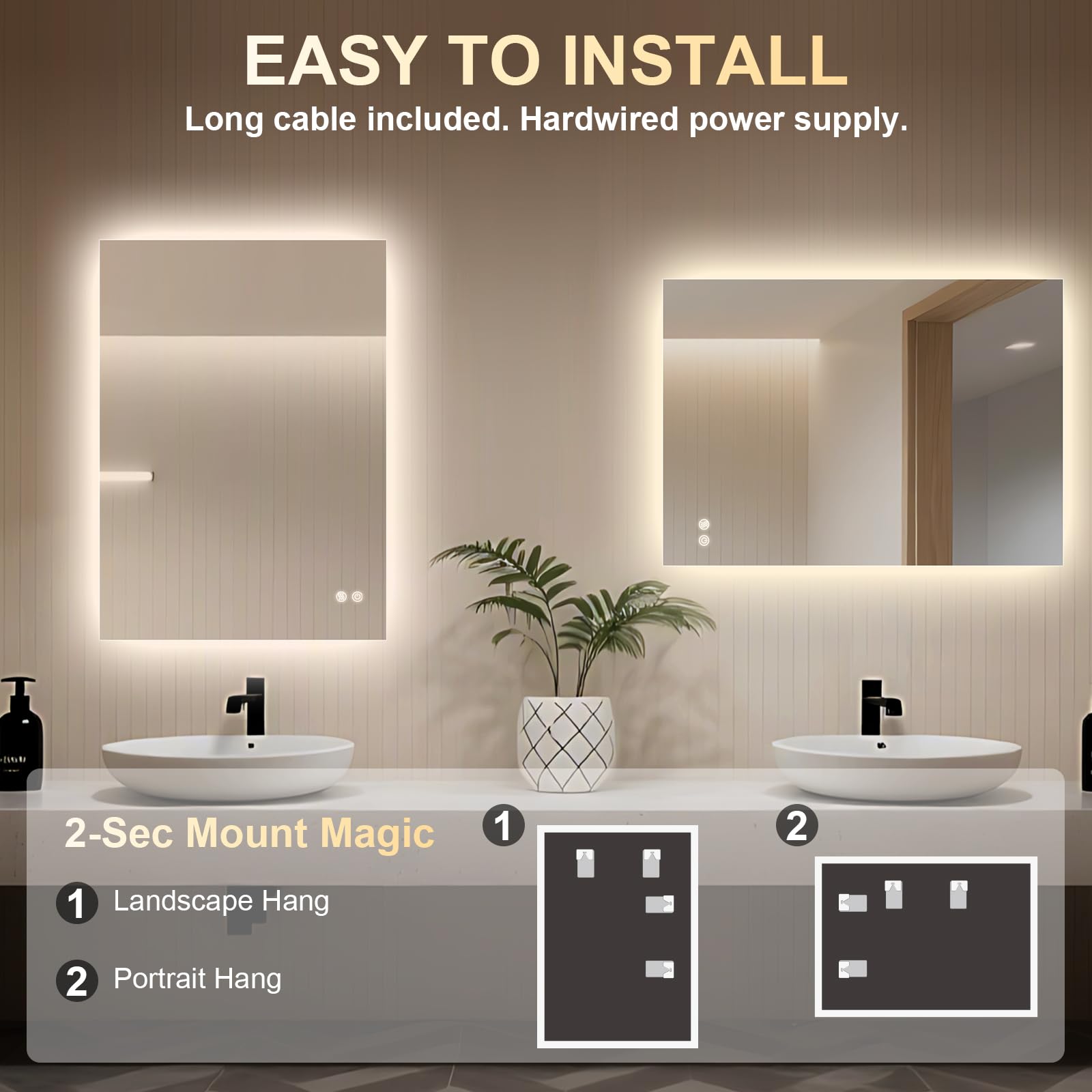 Miroir Salle de Bain avec Eclairage, Miroir LED Salle de Bain, Anti-buée, 3 Couleurs Lumière, Dimmable, Mémoire, Verre trempé HD, IP44, Horizontal/Vertical (Rectangulaire, 80 x 60 cm)