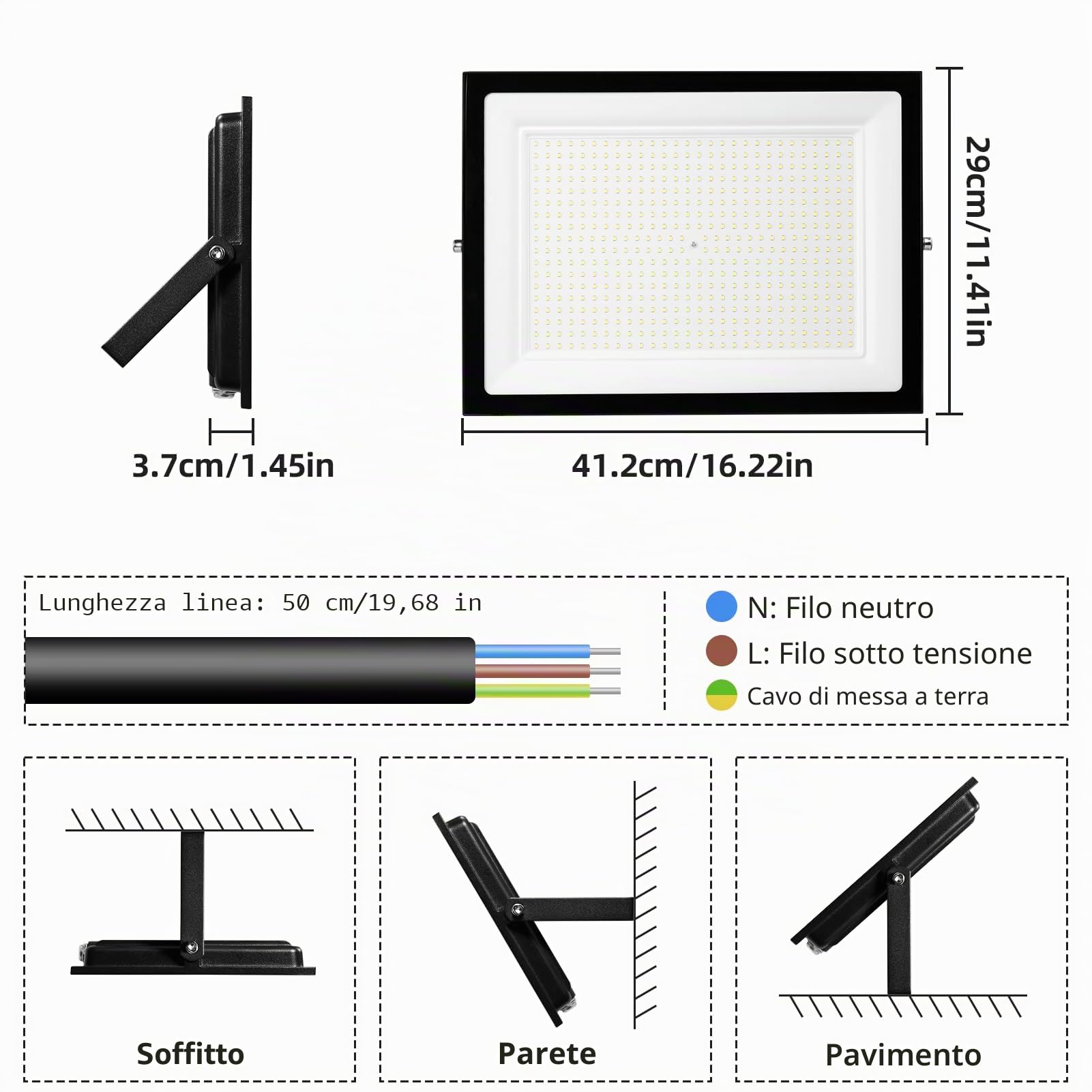 faro led esterno 500w, proiettore, illuminazione di sicurezza LED da esterno 6500K, IP66, illuminazione bianca diurna per magazzino, parco giochi, cortile e parco (500W, 6500K)