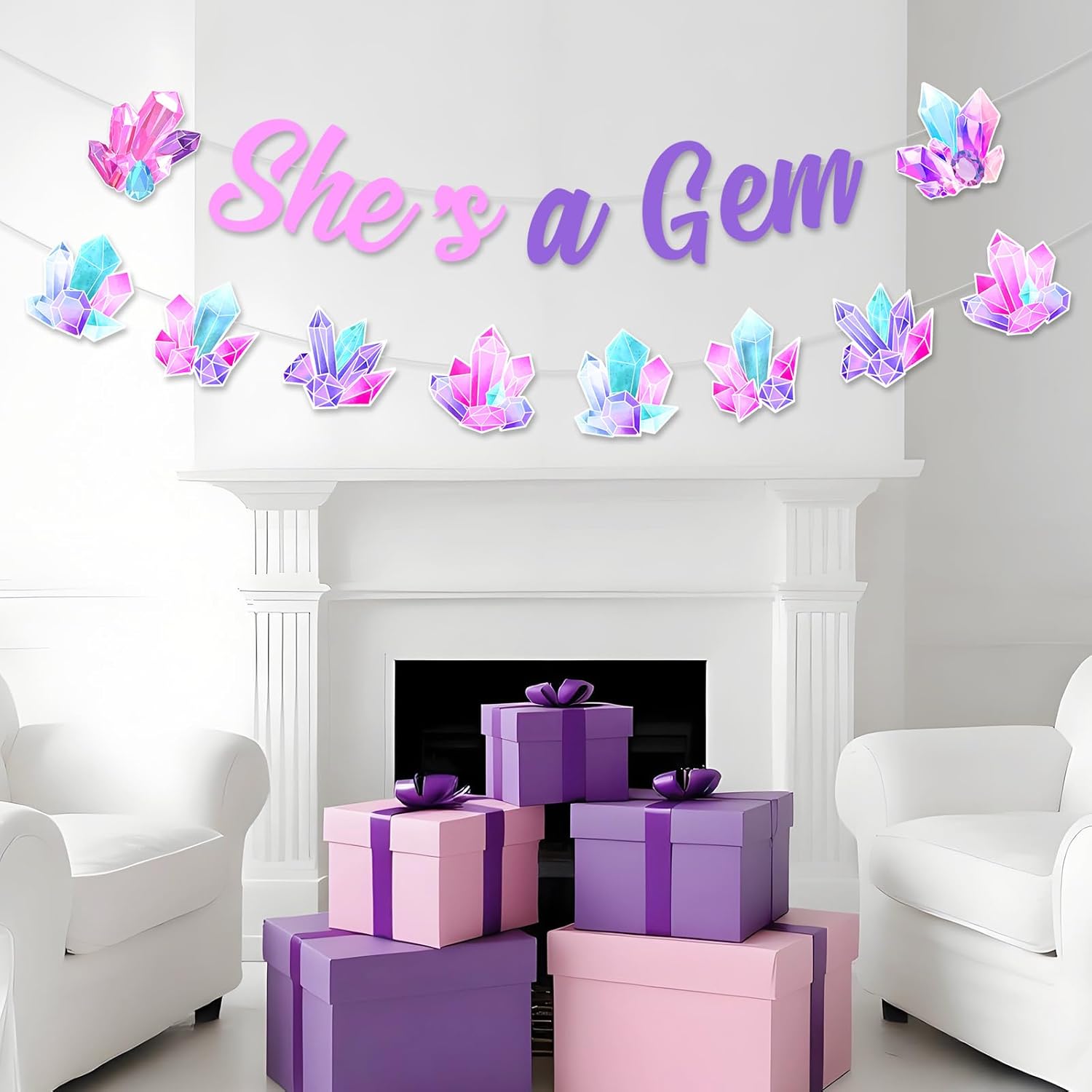 Gem Birthday Party Decorations She’s A Gem Banner Garland Gemstone Hanging Decors for Girl Pink Purple Crystal Jewel Gem Stone Bachelorette Decor Geology Crystal Diamond Bridal Shower Party Supplies