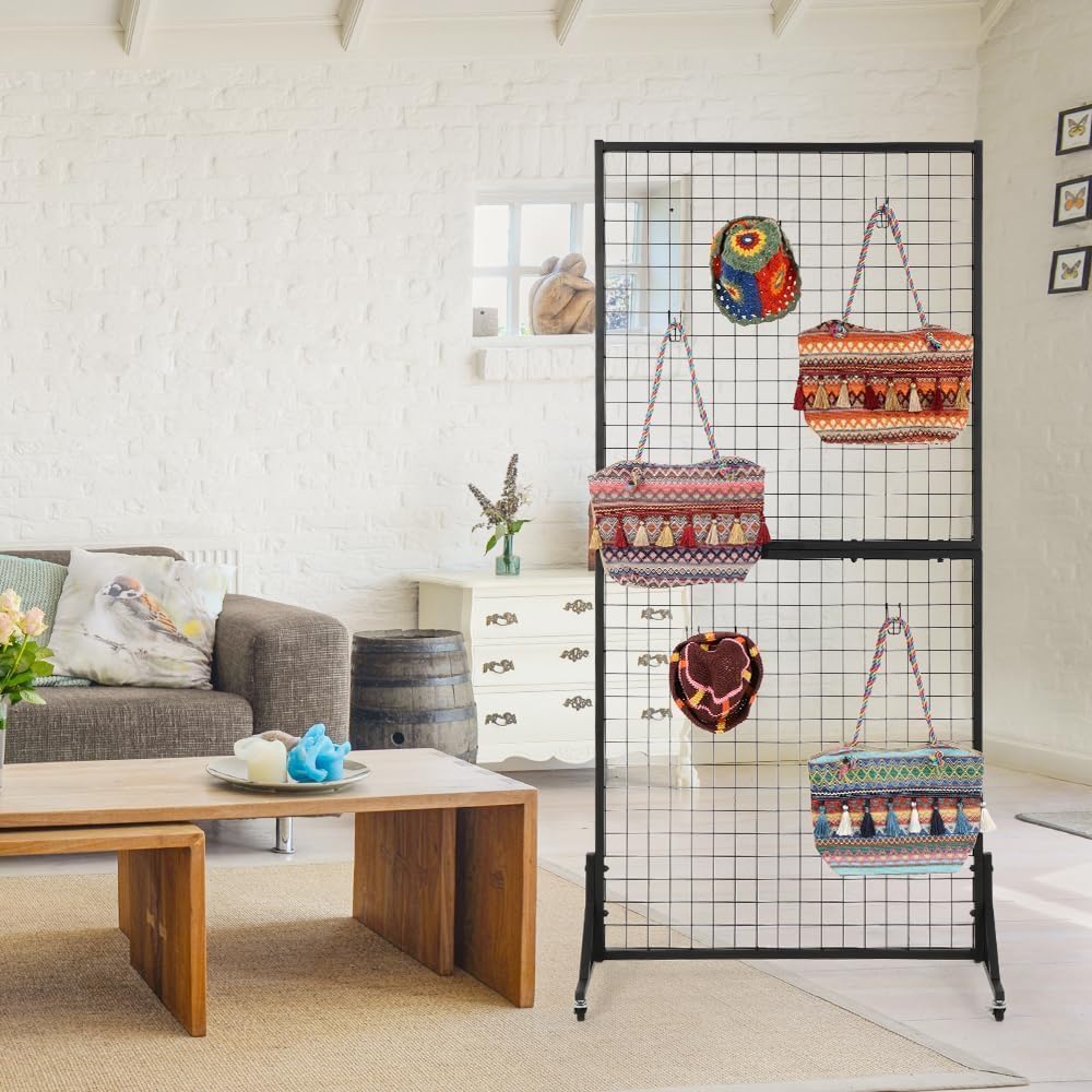 2 packs 3' x 6' grid wall panels standing wire grid, study display rack with t-base wheels freestanding gridwall panel tower for shows, black 2 pack 3' x 6'