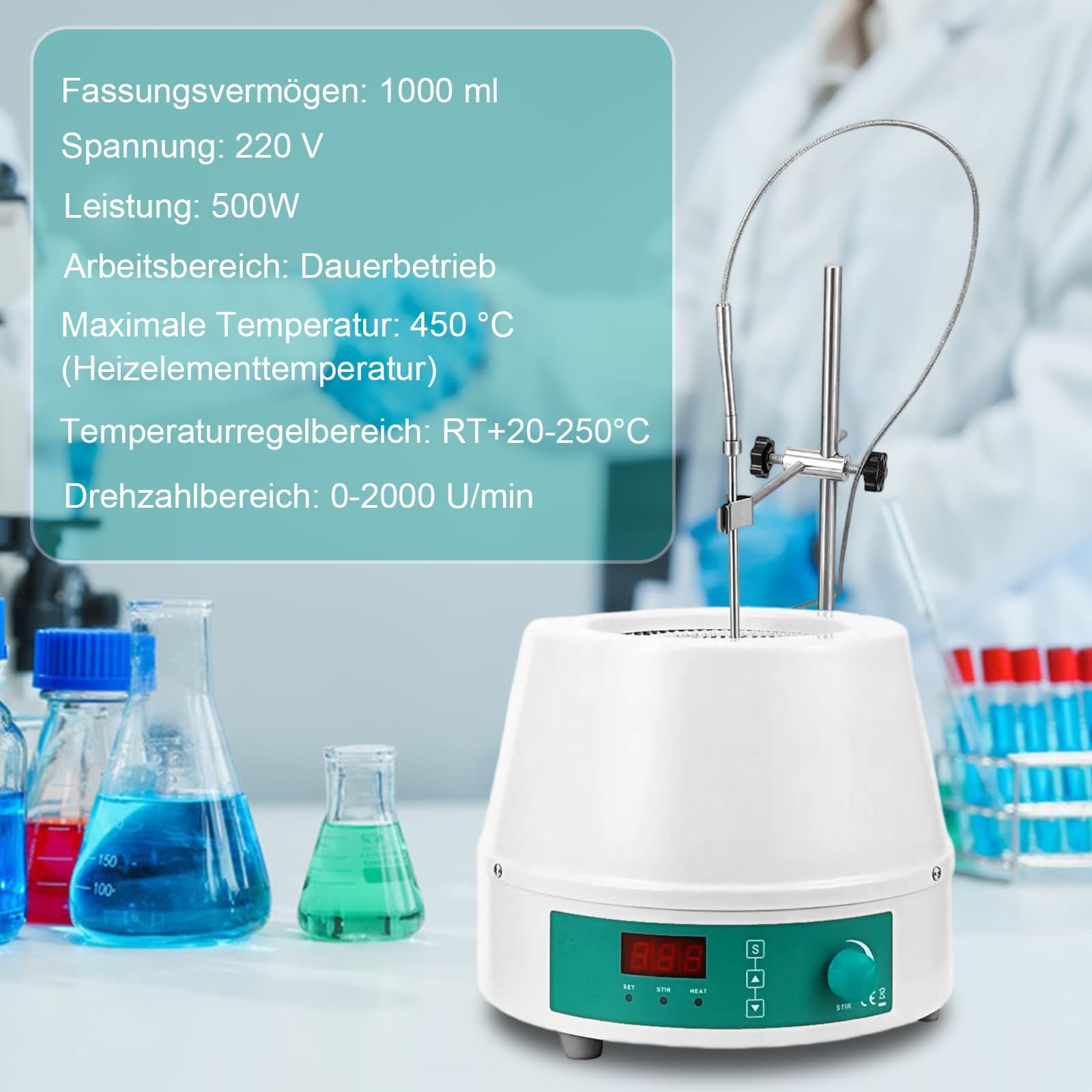Bata térmica de laboratorio de 1000 ml con indicador digital de temperatura, 0-1600 rpm, 220 V/350 W, temperatura máxima de calentamiento de hasta 450 °C, calentamiento y agitación