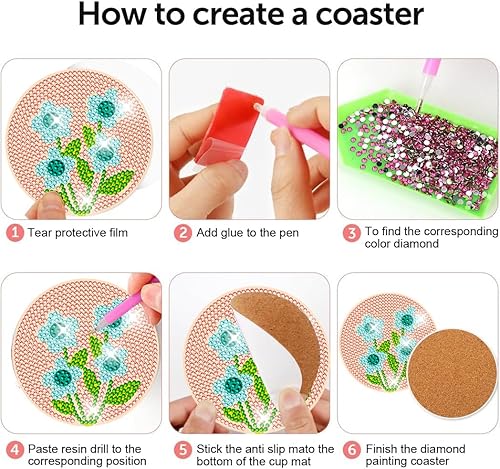 Miniatura 3 de DOTZSO Juego de 6 posavasos de arte de diamante con soporte, kits de arte de diamantes para adultos principiantes, pequeños posavasos de pintura de