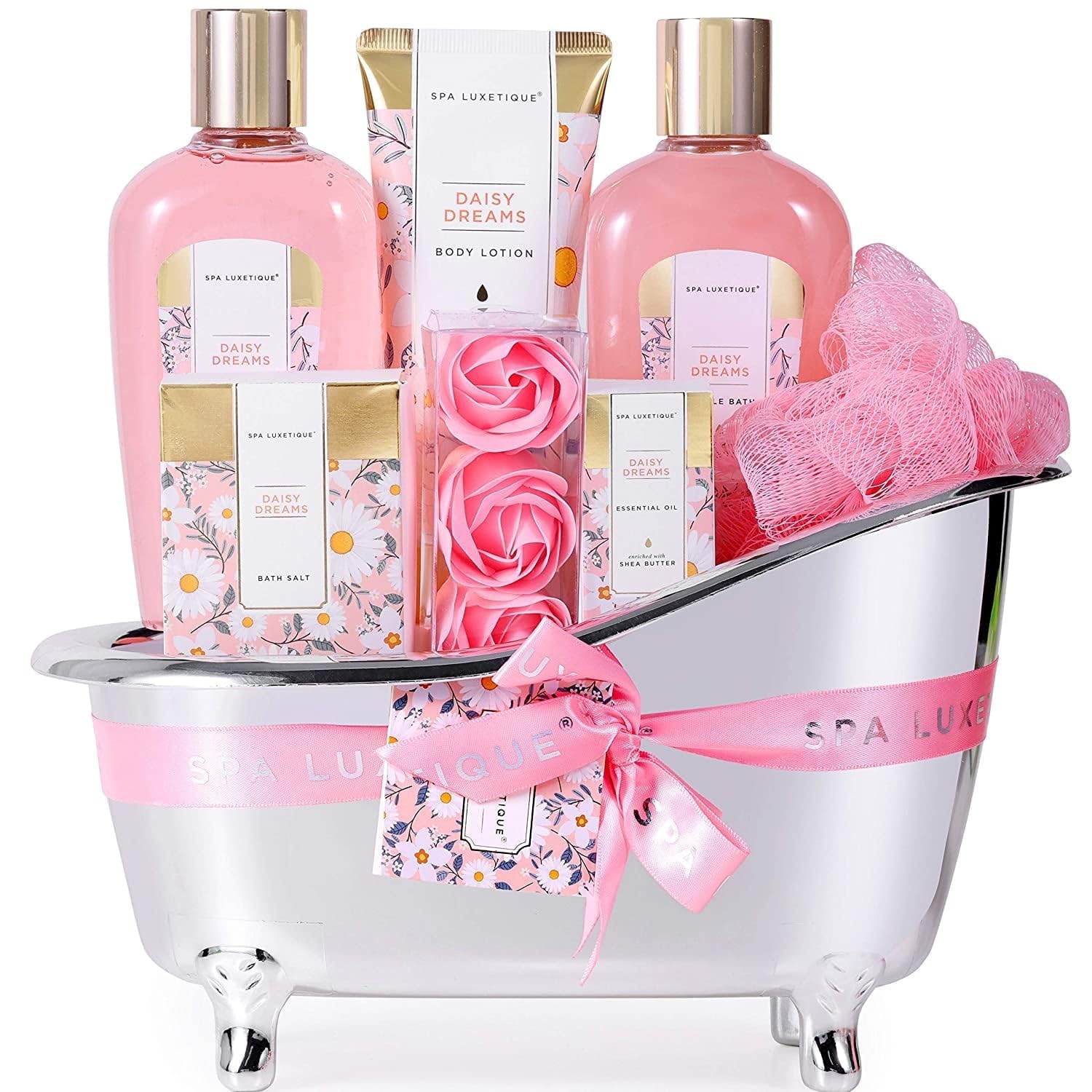 Body&Earth Spa Luxetique Daisy Dreams Gift Basket - Luxurious 8Pc Set for Women With Cute Tub Holder, Shower Gel, Bubble Bath, Bath Salts & More-image-39