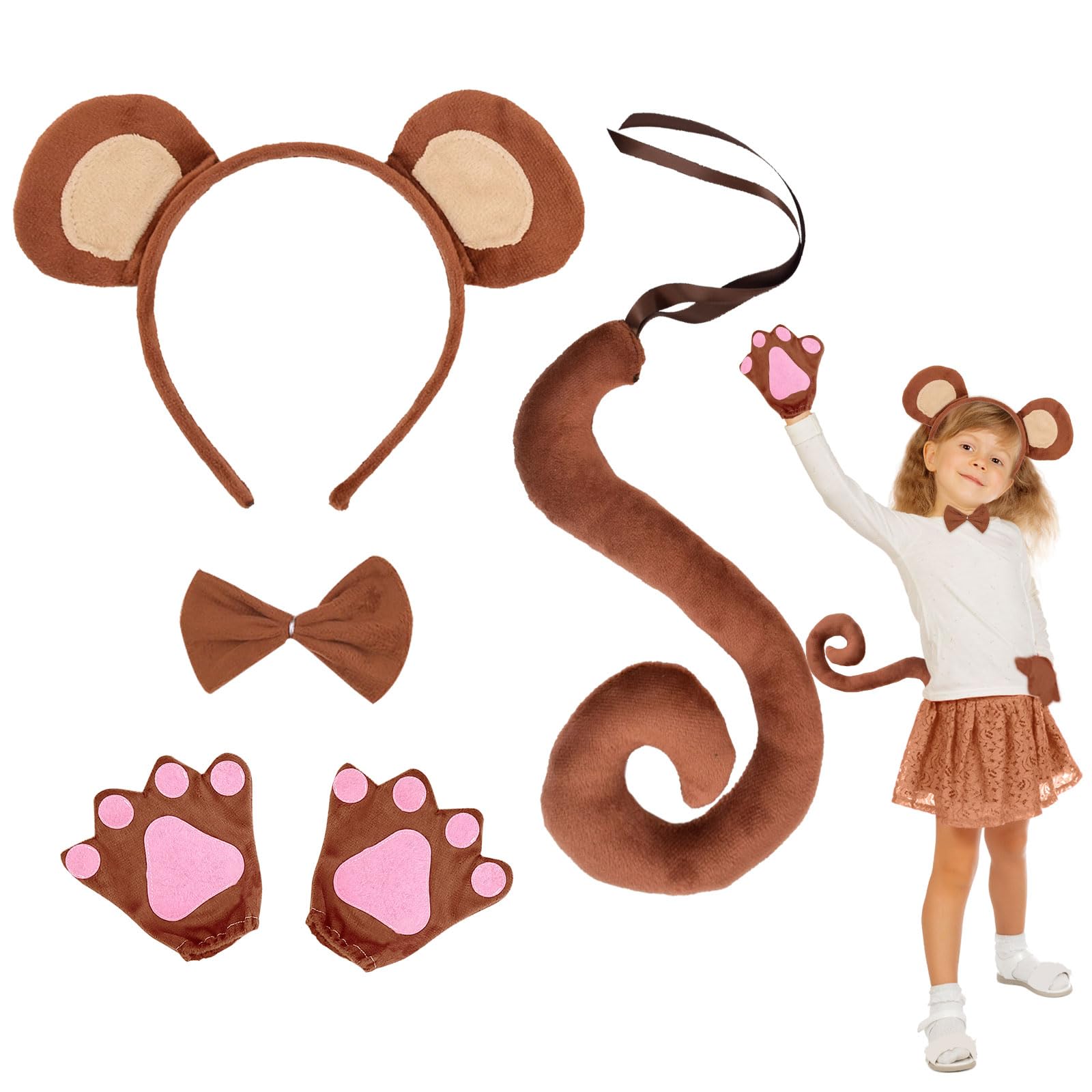 EUPSIIU 4-Piece Monkey Fancy Costume Set, Includes Ears, Long Tail, Bow Tie, Paw Gloves - Animal Cosplay for Adults & Kids - Fancy Dress Up for Halloween & Carnival