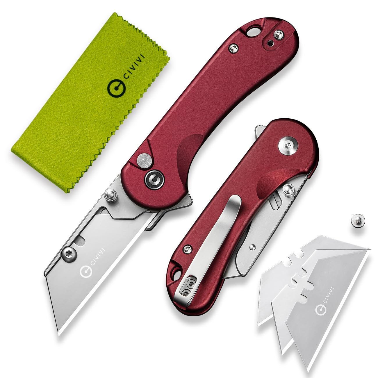 Elementum Folding Utility Knife Box Cutter, Burgundy Aluminum Handle
