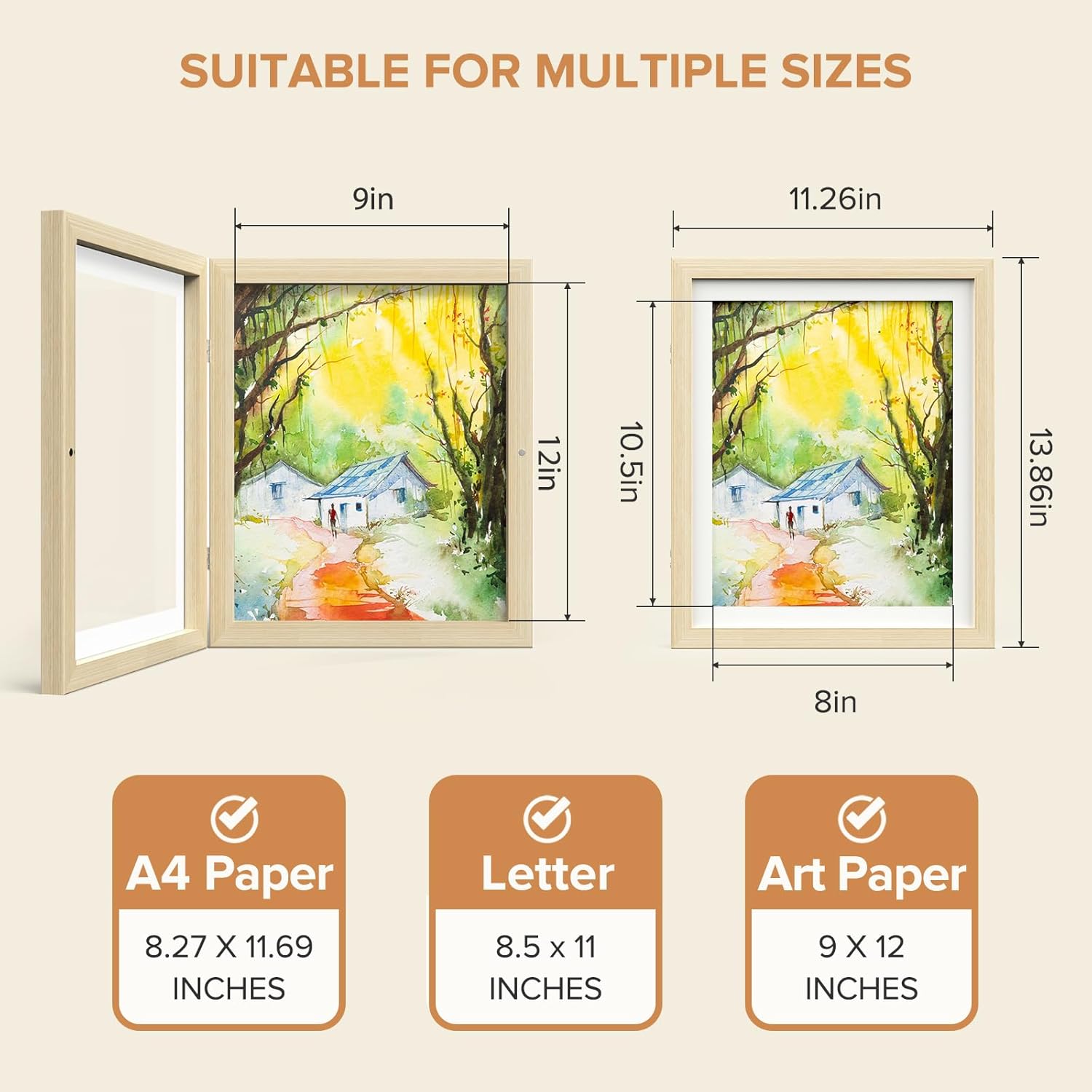 4 Pack Kids Art Frame, Kids Artwork Frames Changeable 8 x10.5 with Mat and 9 x12 Without Mat, Woodgrain Front Opening Children Picture Storage Frame for Wall Holds 50Pcs Crafts, Drawing, Art Projects