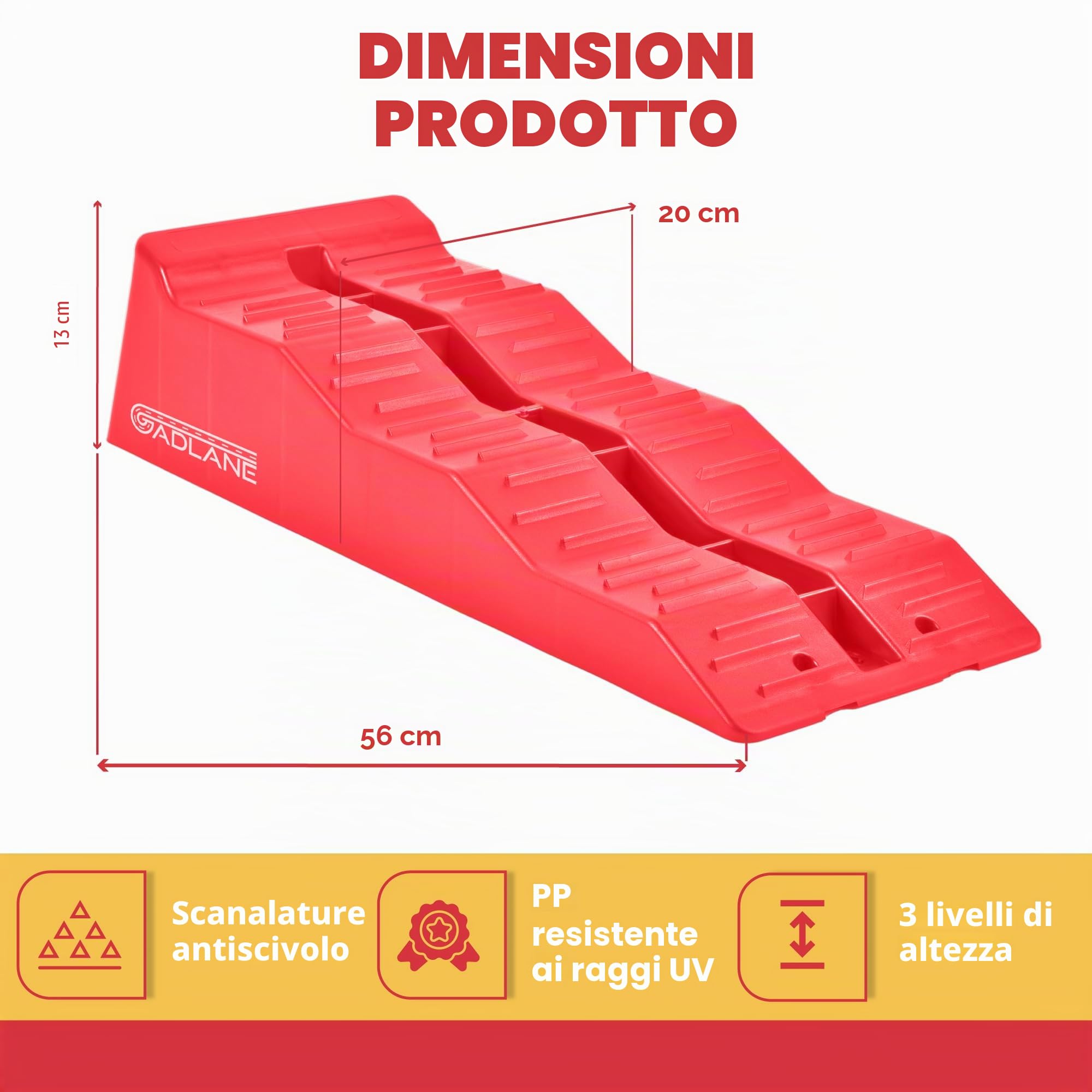 GADLANE Cunei per Camper - 2 Pezzi Livellatori per Camper Resistenti con Scanalature Antiscivolo - per Auto, Caravan e Rimorchi (Capacità: 4,5 Tonnellate) - Rosso