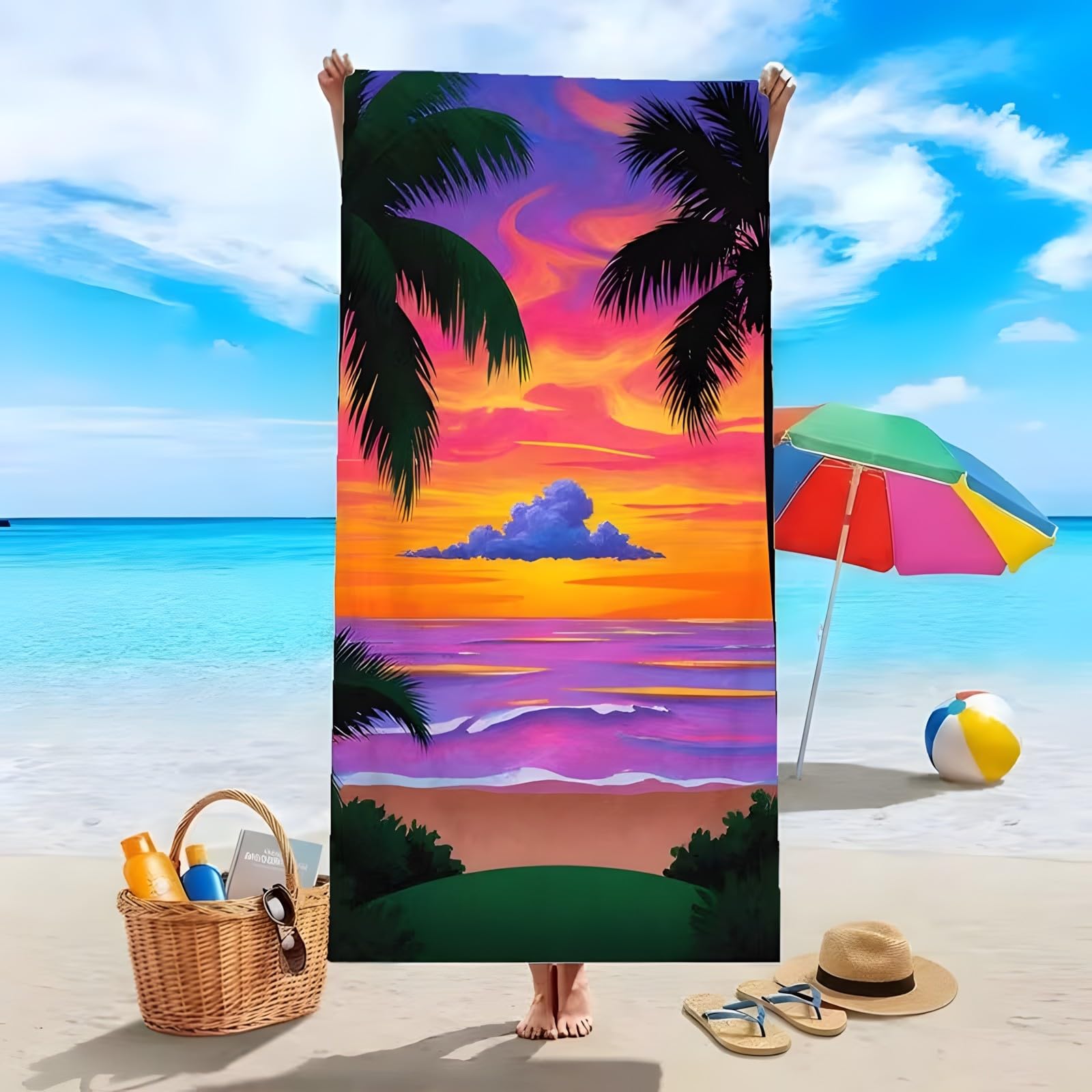 YZQGLHP Coconut Tree Microfibre Beach Towel The Sea Beach Bath Towel Quick Drying, Lightweight, Sand-Free, Durable, for Pool, Gym, Camping, Travel Towel 90x160cm
