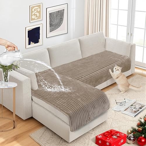 Vista 8 de NAISI Fundas de sofá para perros, funda impermeable de franela a rayas para sofá, apta para mascotas, lavable, protector antideslizante para sofá