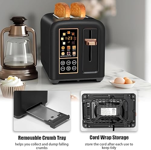Miniatura 6 de SEEDEEM Tostadora de 2 rebanadas, control táctil LCD, velocidad de calentamiento 50% más rápida, ranuras extra anchas de 1.4 pulgadas, 7 ajustes de