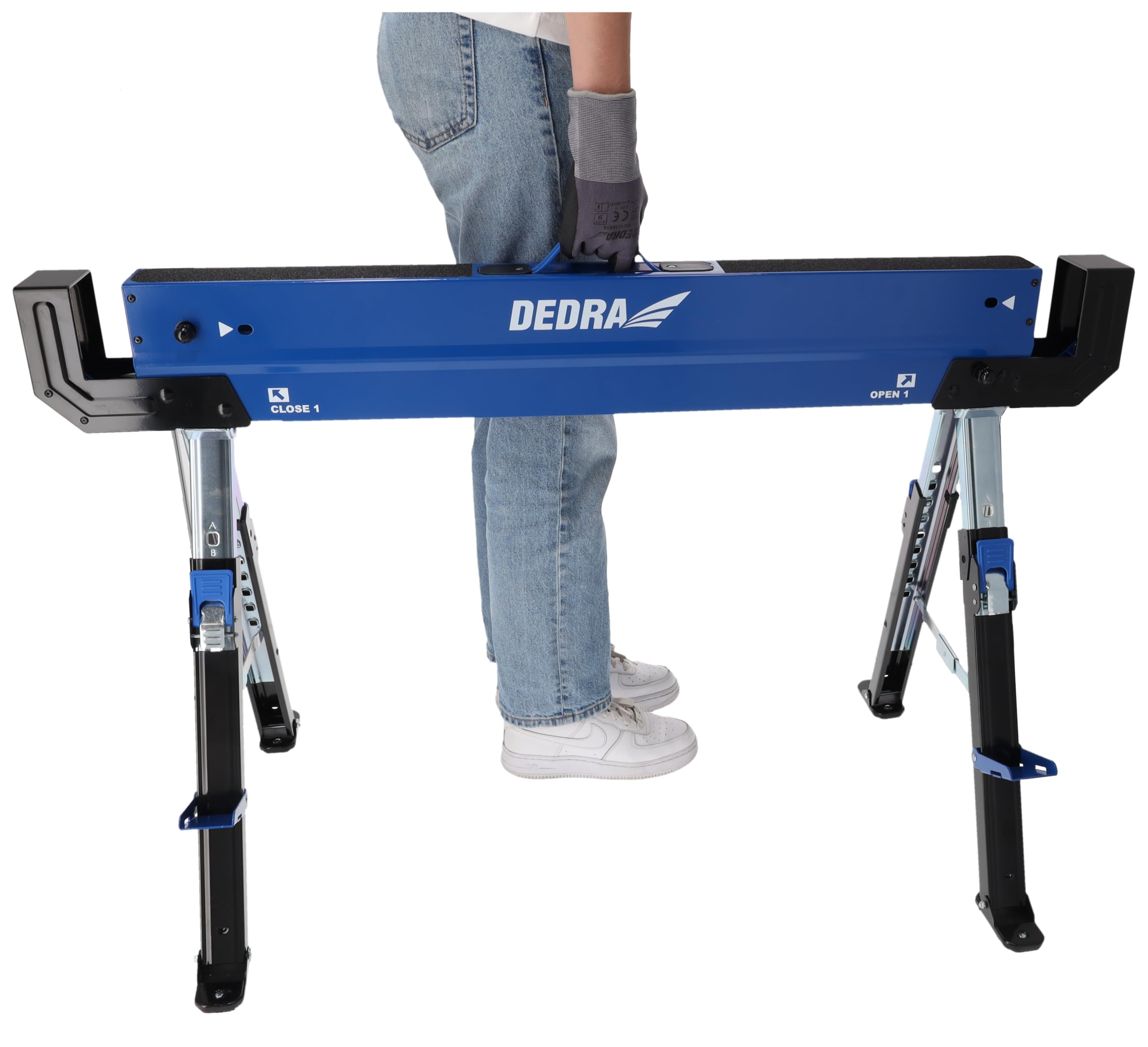 Dedra Juego de 2 caballetes de carpintero plegables N1103, altura regulable, carga máxima 1180 kg/par, acero, peso 18,9 kg, asa integrada, pies antideslizantes y superficie de trabajo