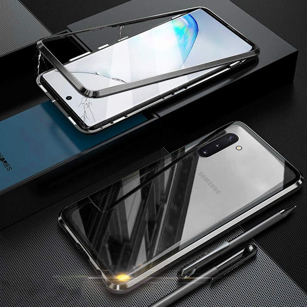Case for Samsung Galaxy Note 10 Plus/Note 10+ Magnetic Cover,Magnetic Adsorption Technology Ultra Thin Metal Aluminum Bumber 9H Tempered Glass Back Cover 360° Shockproof Full Body Protector - Black
