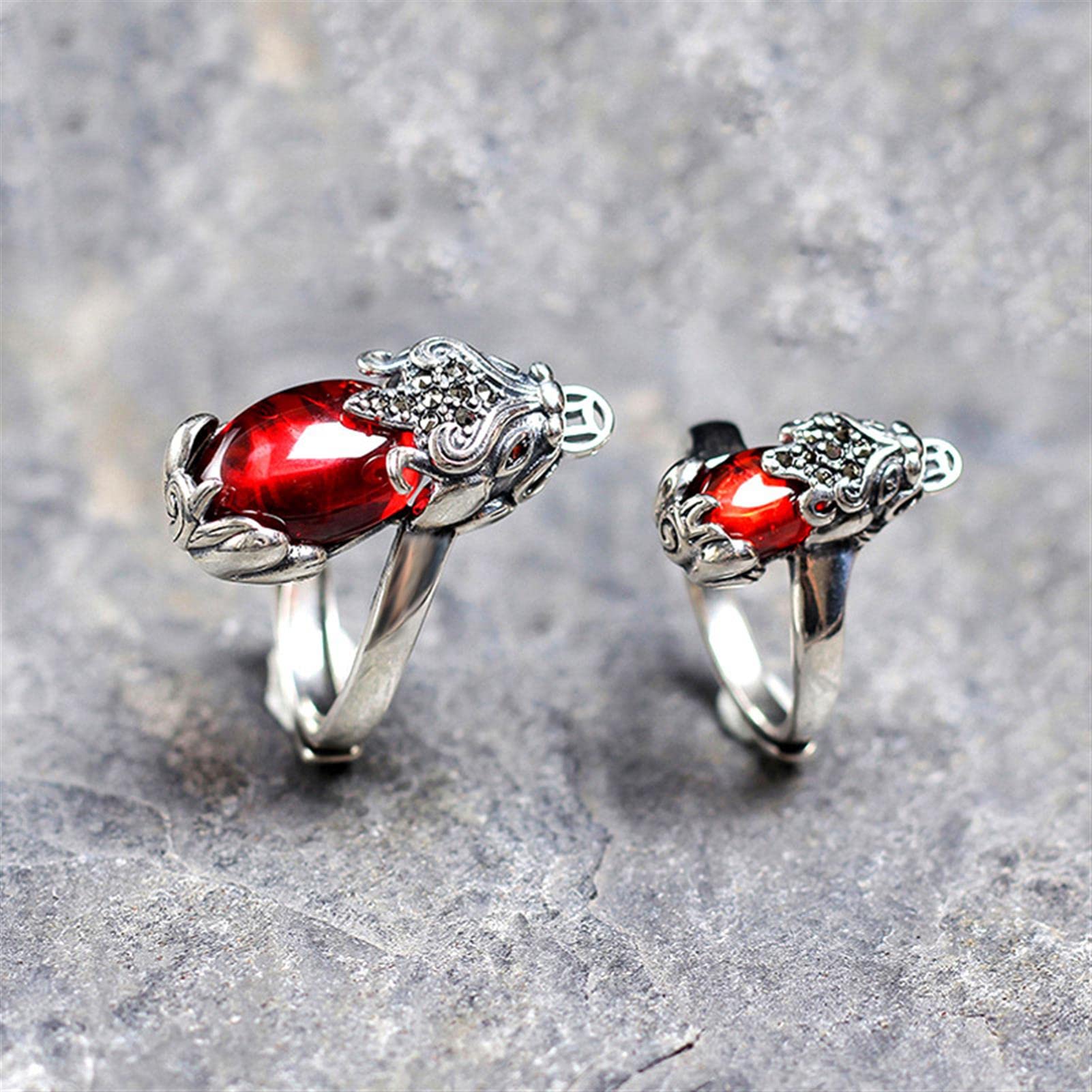 Vintage Glück Fingerring für Frauen 925 Sterling Silber Feng Shui Pixiu Offener Ring verstellbar mit roten Granaten Mamas Geschenk,Large,Adjustable