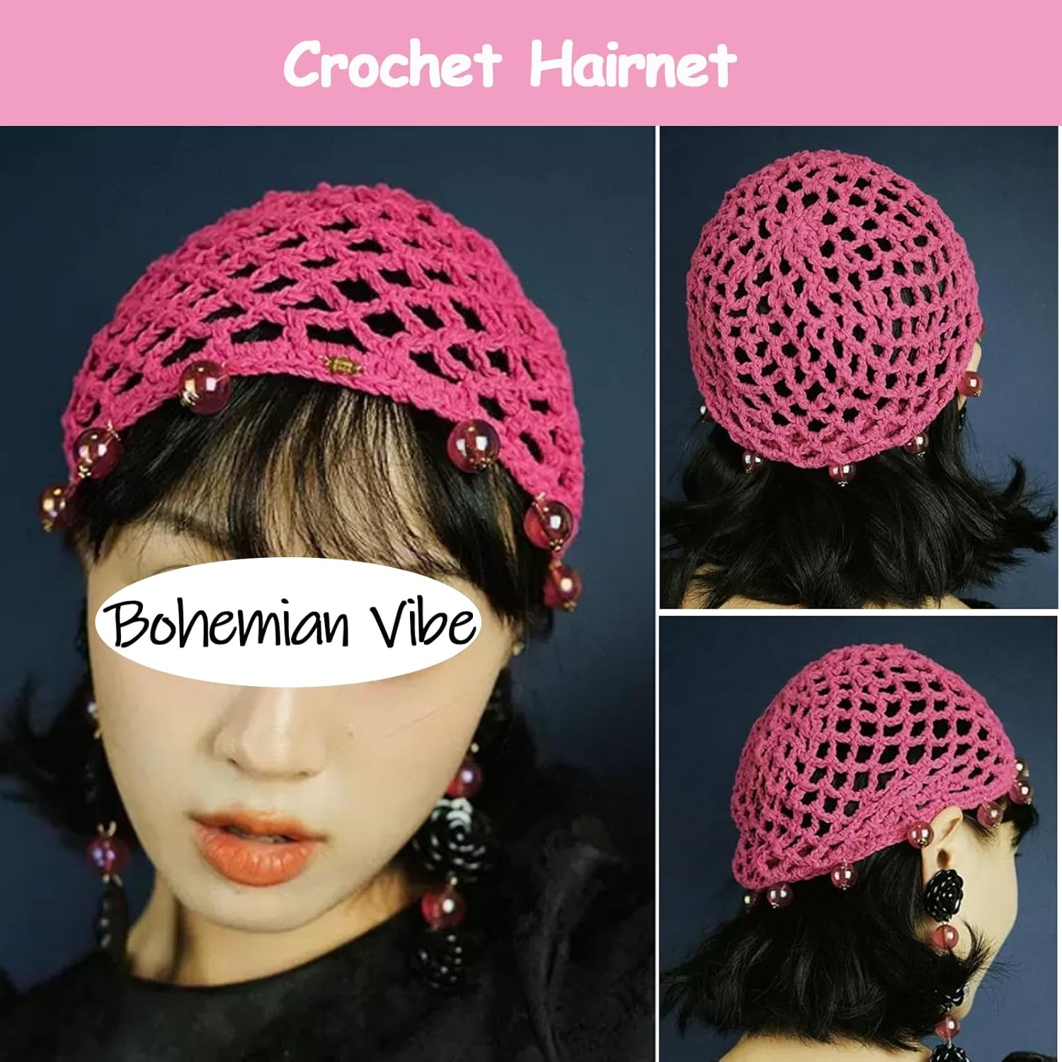 1pc Pink Crochet Hair Mesh Cap with Pearls Knitted Soft Knitting Snood Hair Deco Accessory for Women Girls - Image 3