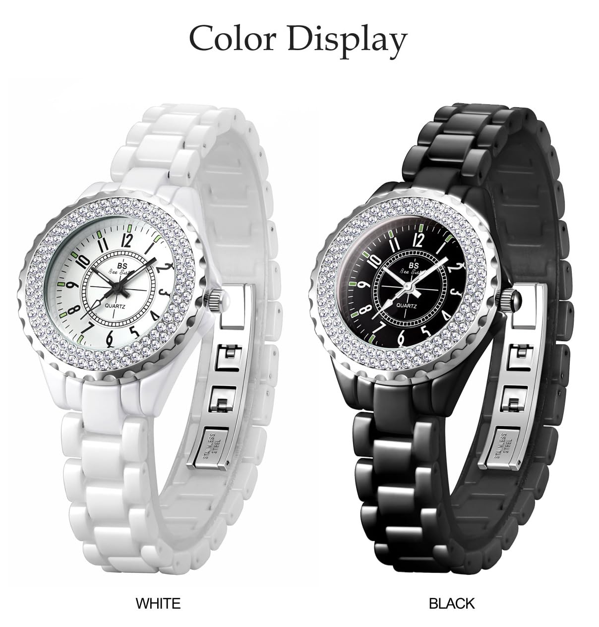 Reloj analógico de cuarzo con cristal de Swarovski, resistente al agua, de cerámica blanca, para mujer, Negro -