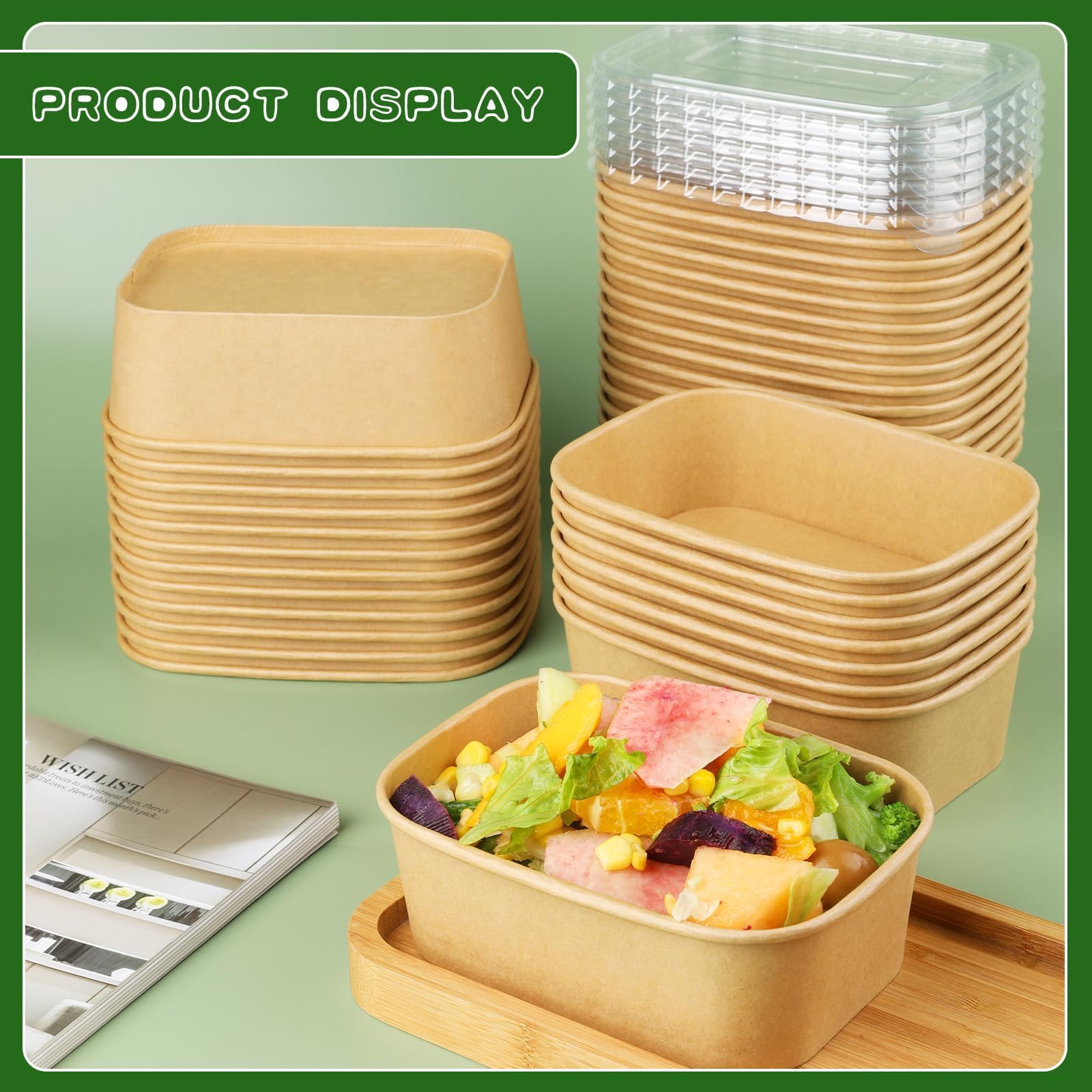Paquete de 50 cuencos de papel de 25 onzas, recipientes desechables para alimentos con tapas, cuencos desechables rectangulares con tapas, cuencos de ensalada desechables con tapas para