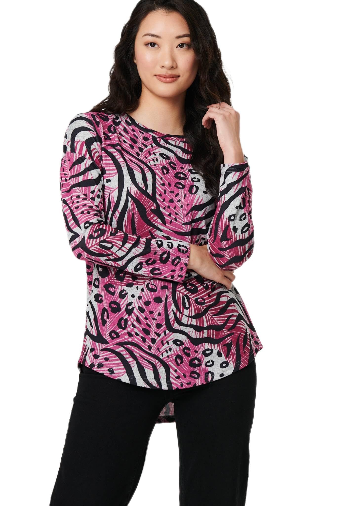 Izabel London Women's Pink Animal Print Long Sleeve Curve Hem Top In | Size: 16