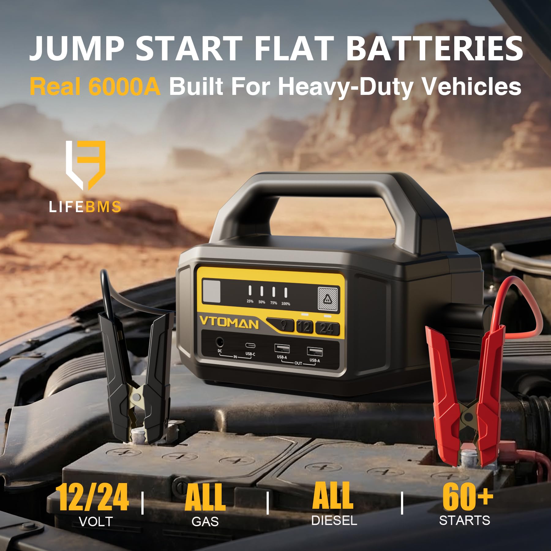 VTOMAN V-Truck - Kit de Arranque Portátil de 6000 A 12 V/24 V, 36400 mAh, Potente Paquete de Arranque para Camiones, Furgonetas y Caravanas con Linterna LED & Carga Rápida de 145 W