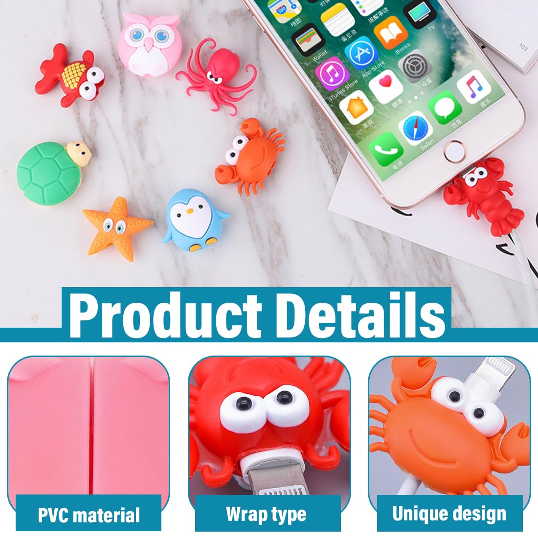 Set di 8 Protezione Cavo USB, Adorabili Animali Marini in Plastica, Accessori Telefono