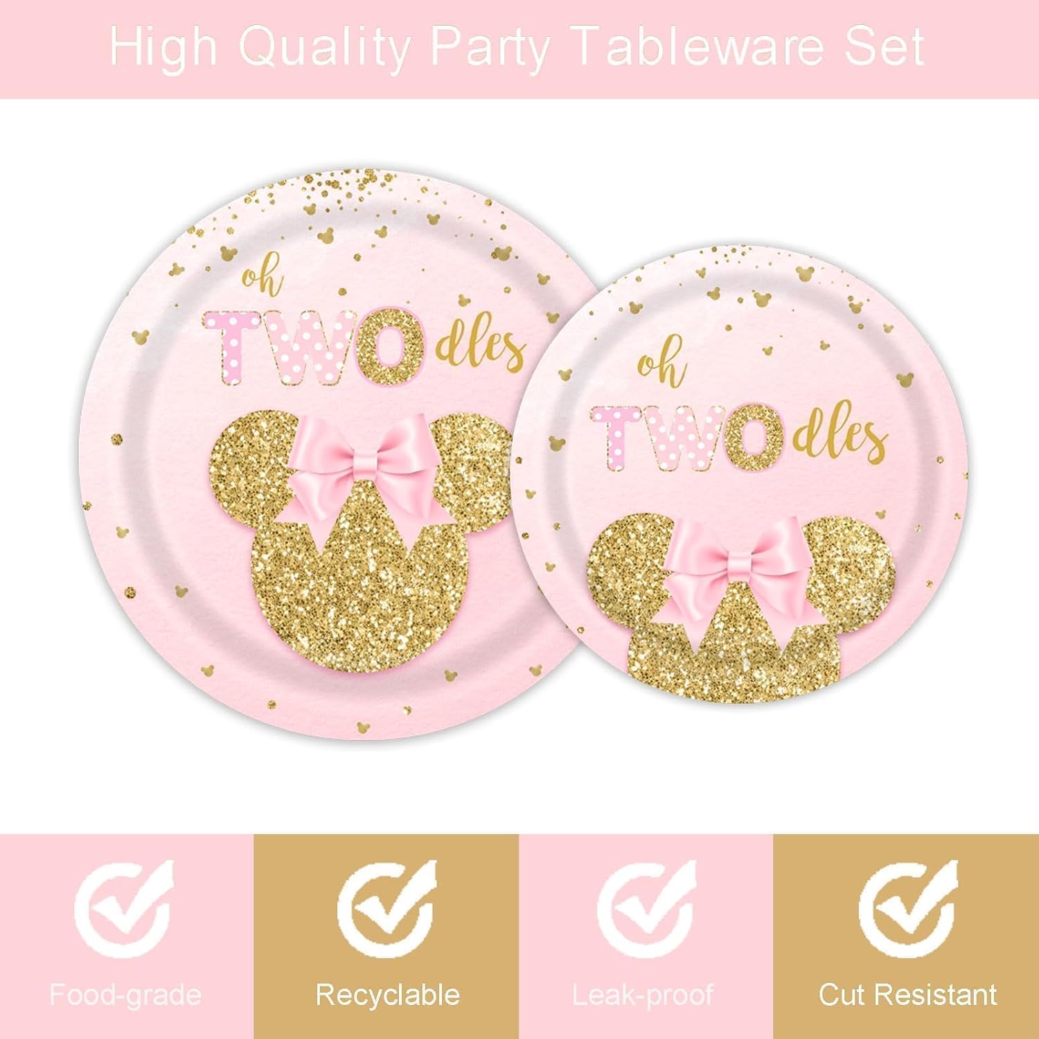 96 PCS Cartoon Mouse 2nd Plates and Napkins Party Supplies Girls Oh Twodles Mouse Happy 2nd Birthday Tableware Set Two Years Old Birthday Dinnerware Party Decorations Serve 24 Guests - Image 3