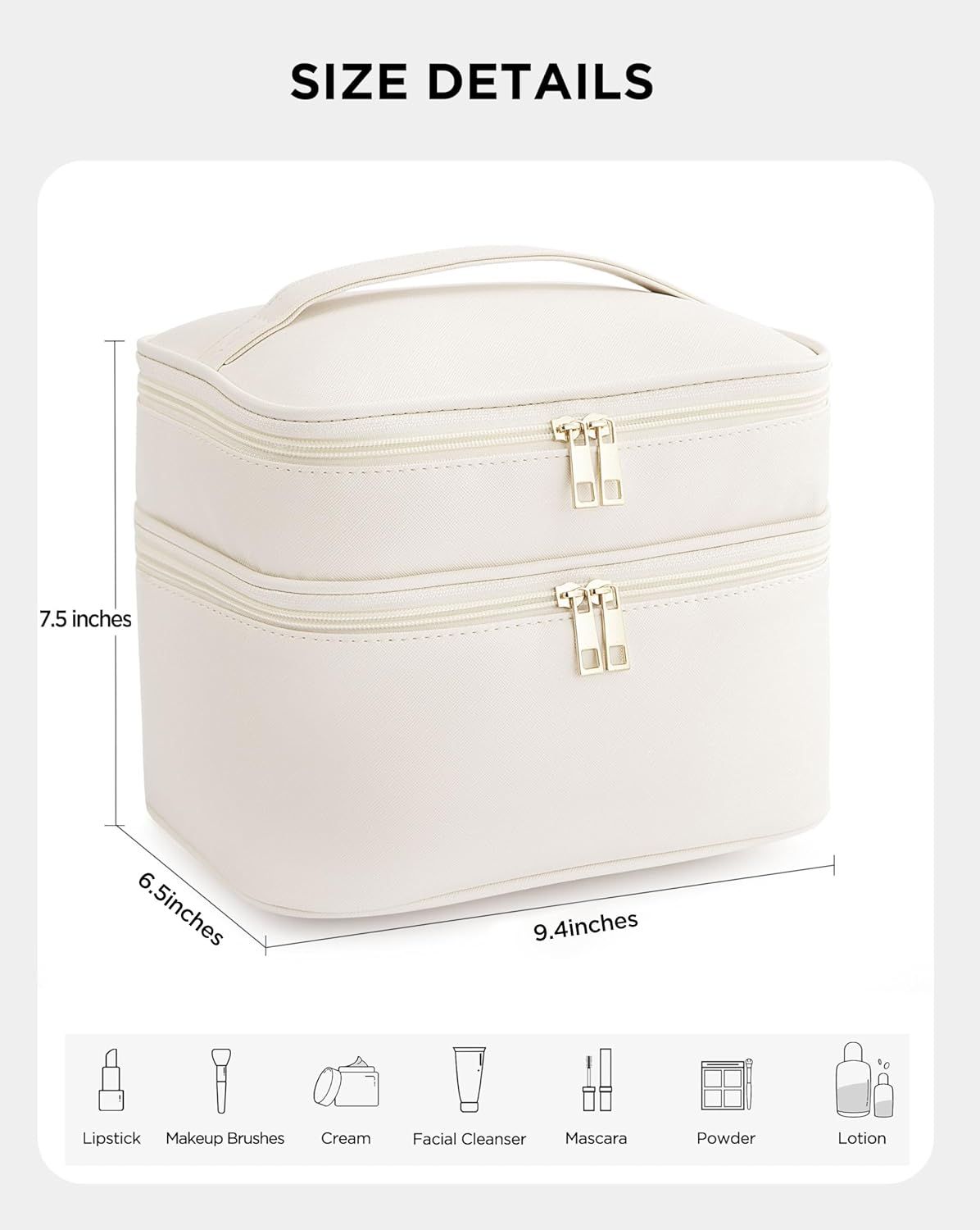 HBlife Double Layer Travel Makeup Bag Portable Cute Leather Cosmetic Bag Large Make Up Bag Makeup Case Organizer Toiletry Bag for Women Girls with Handle and Removable Divider(Beige) - Image 4