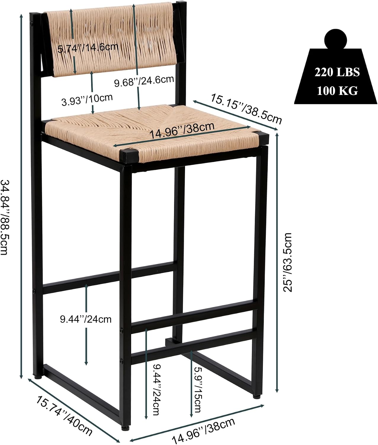 Paper Rope Woven Bar Stools with Back, Modern Counter Height Barstools Set of 2 for Home Pub, Dinning Room, Kitchen Island Bistro, Club, Honey