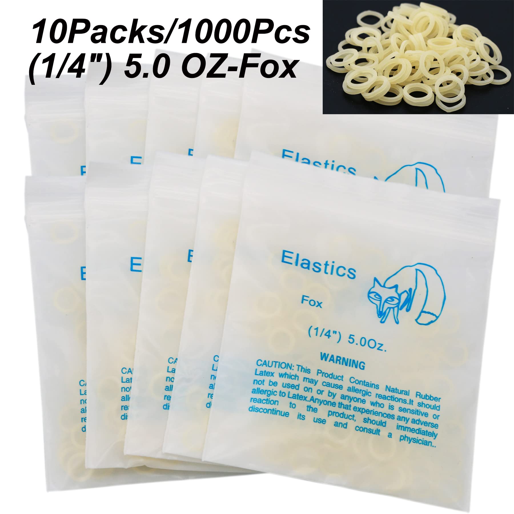 10 Packungen/1000 Stück zahnärztliche kieferorthopädische Gummibänder aus Latex (10 Beutel-Fox-1/4-5 oz)