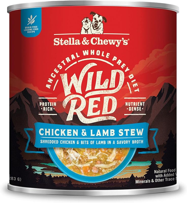 Ração úmida para cães Stella & Chewy's Wild Red, ensopado de frango e cordeiro sem grãos, 6 latas de 284 g