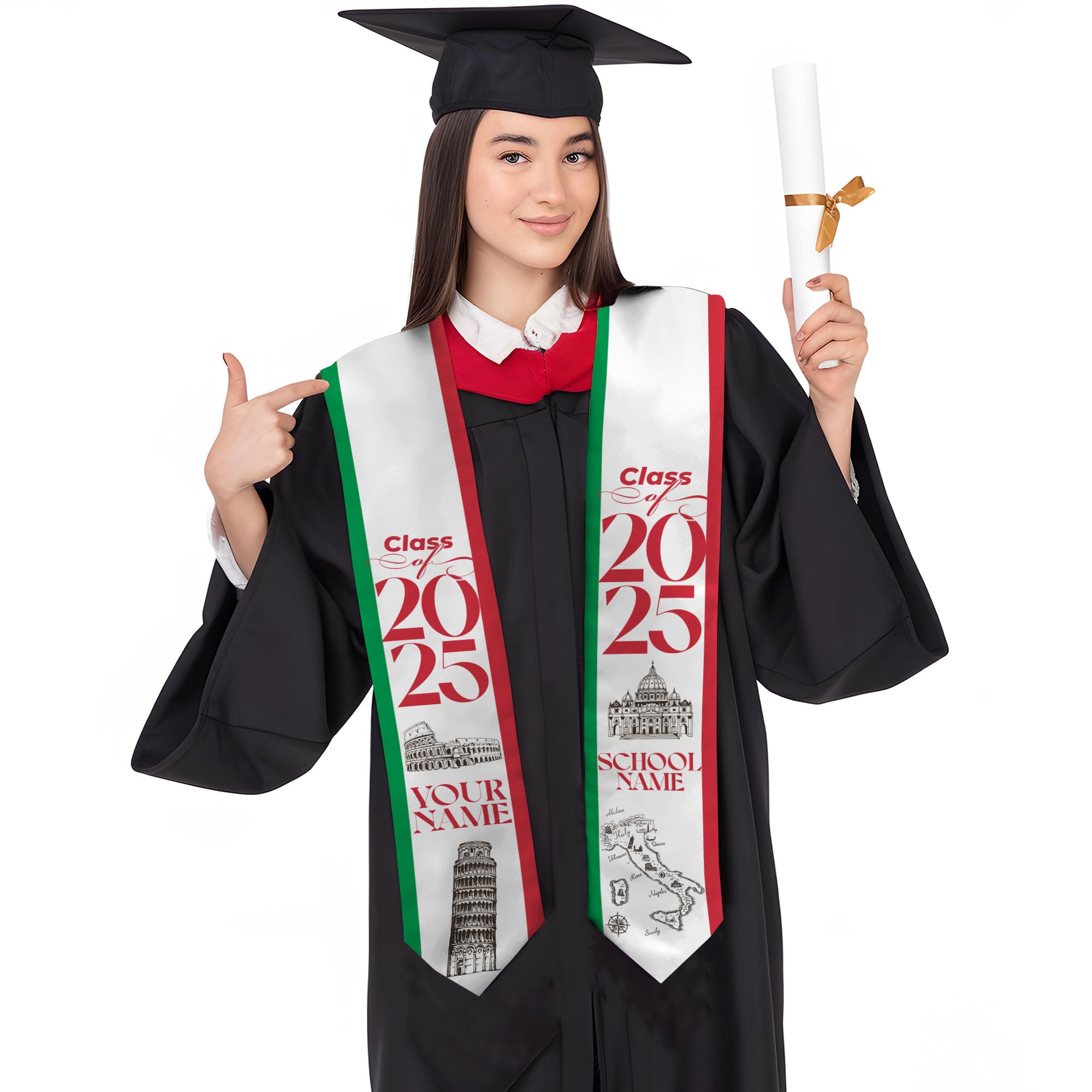 MonkeyVan Personalized Italy Flag Graduation Stole Sash 2025, Italians American Flag Graduation Sash For International Student Itl 5