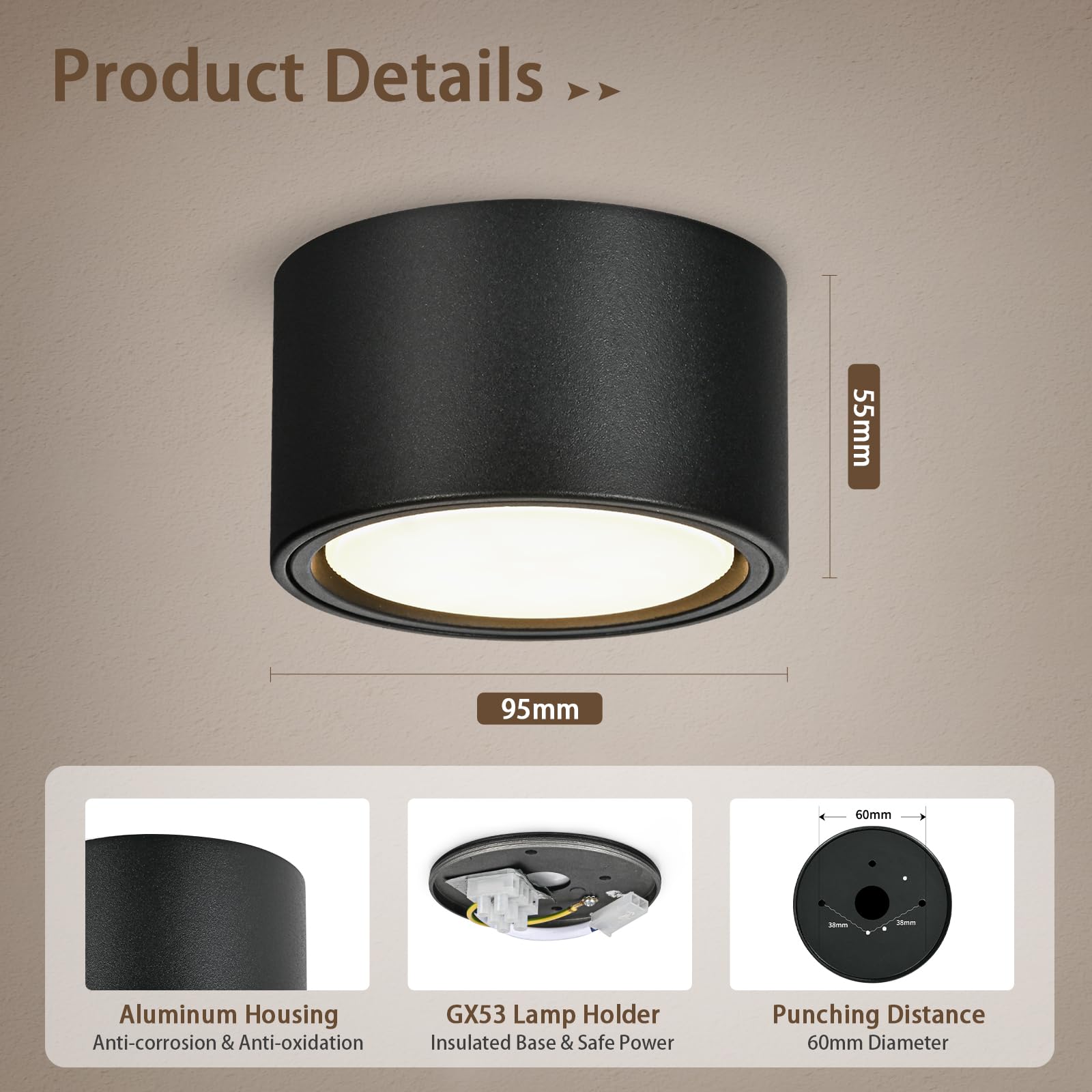 KYOTECH LED Aufbauspots Dimmbar Ø95x55mm Deckenspots Schwarz 7W 800LM GX53 230V 2700K/4000K/6500K 4 Stück
