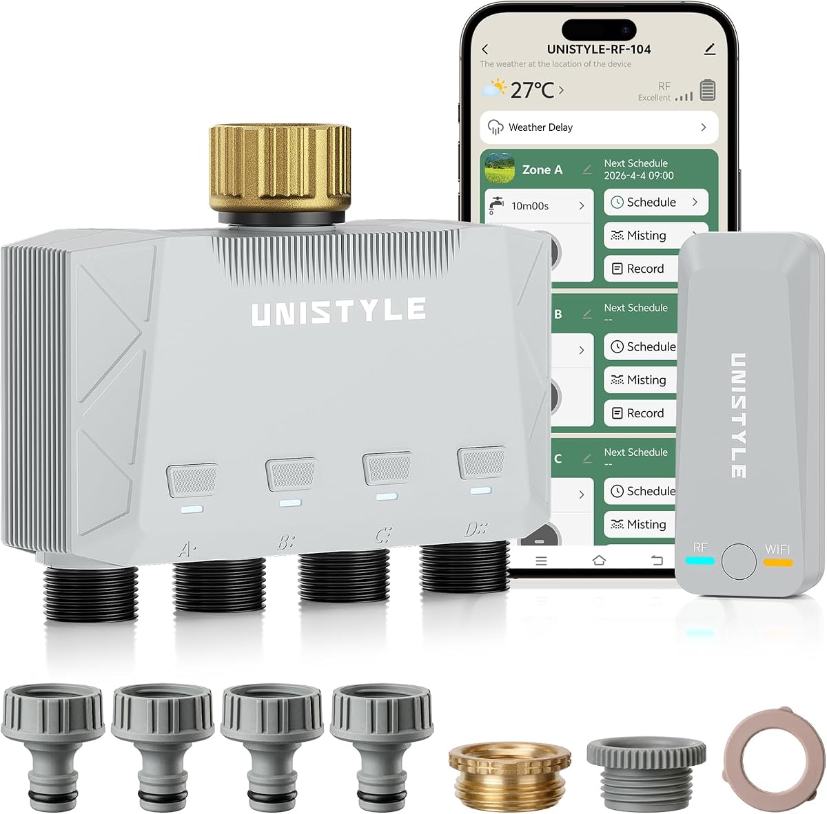 Unistyle Bewässerungscomputer WLAN 4 Ausgänge | Neuauflage 2026 – App-Steuerung, 5 Bewässerungspläne, Präzise Steuerung, Alexa-Sprachsteuerung, Automatische Bewässerung für Garten & Pflanzen