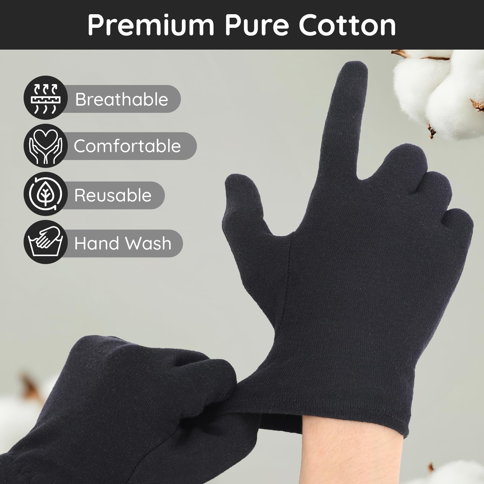 Segbeauty Guanti di Cotone per Dermatiti, 4 Paia Guanti Cotone Neri, Morbido e Traspiranti, con Elastico Braccialetto, per Mani Asciutte, Eczemi, Bellezza, Ispezione Gioielli (XL)