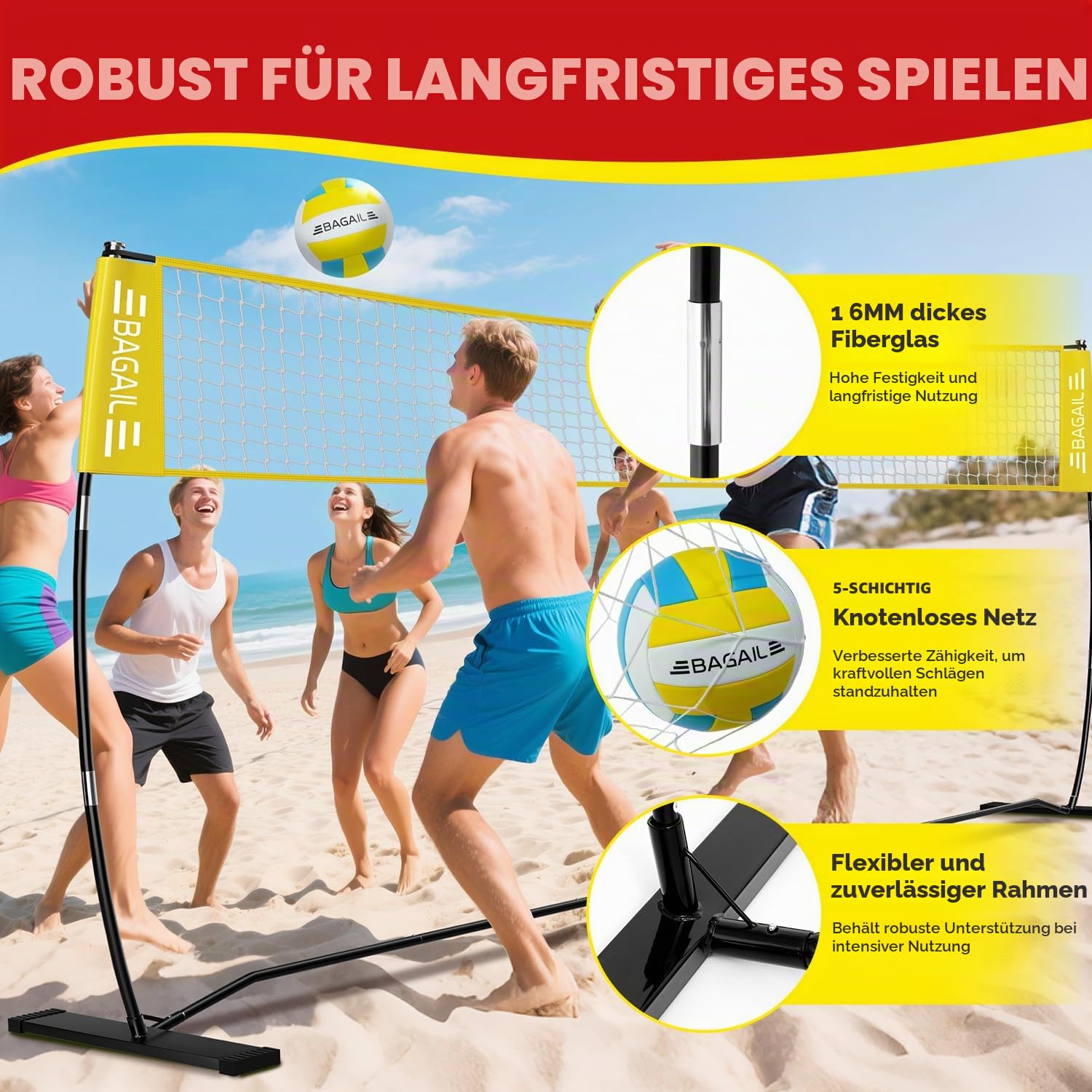 BAGAIL Volleyballnetz, 3.6m/6.1m Volleyballnetz für den Garten - Verstellbare Höhe, Heavy-Duty-Rahmen, Freistehendes Design - Tragbares Outdoor/Indoor-Volleyball-Set mit Tragetasche