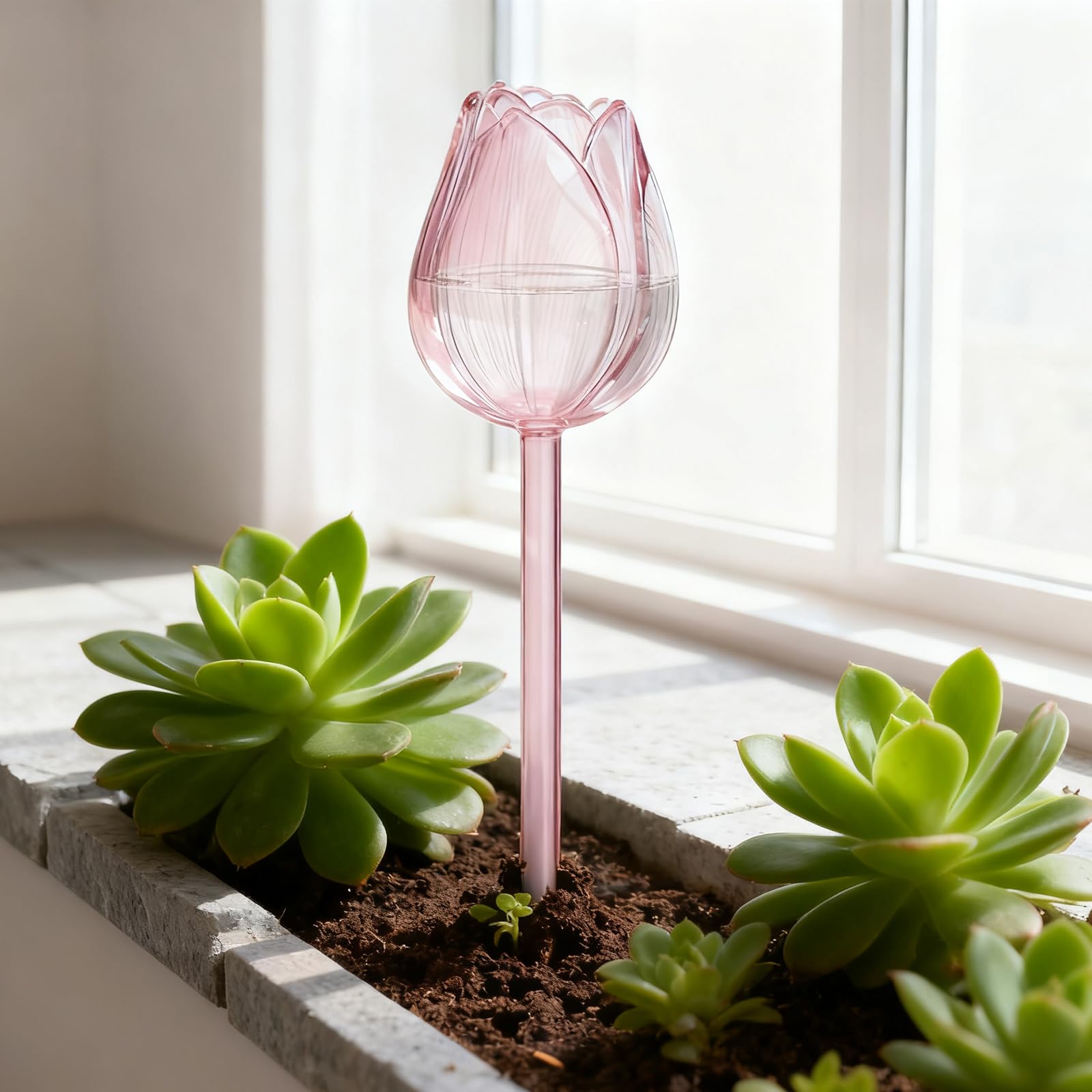 Lot de 6 Globes d'arrosage pour Plantes, bulbes Auto-arrosants en Forme de Fleur de 9,84 Pouces, arroseurs automatiques Rose, Violet et Transparent pour Pots d’intérieur et d’extérieur