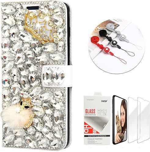 Miniatura 9 de STENES Bling - Funda tipo cartera para teléfono compatible con Samsung Galaxy S21 Ultra, elegante, hecha a mano en 3D con lazo de cristal, funda de