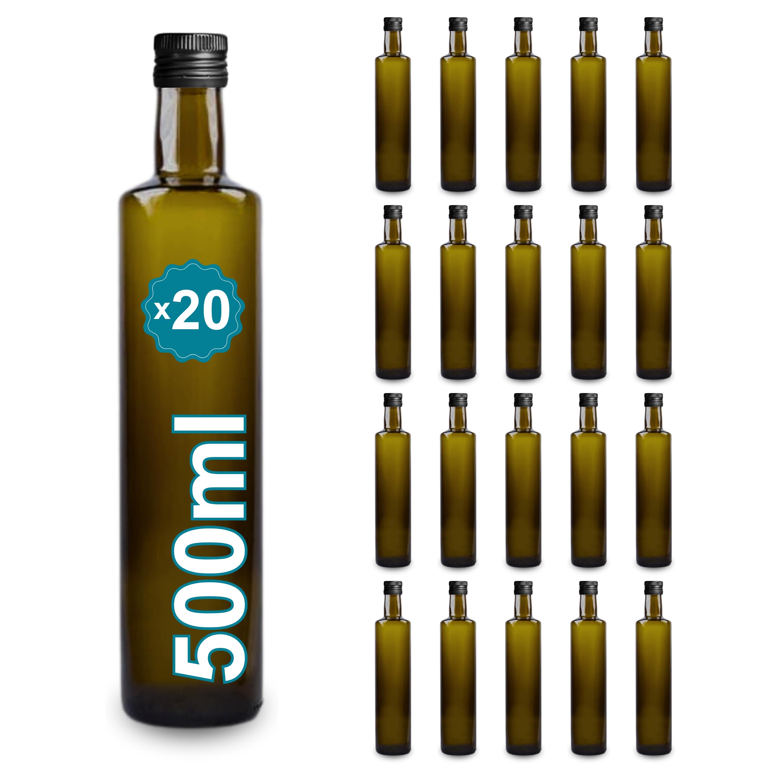 Espirito Rebelde 20 botellas de vidrio oscuro, 500 ml, con tapa de rosca negra | Protección UV | ideal para aceite de oliva, vinagre | Botella de aceite