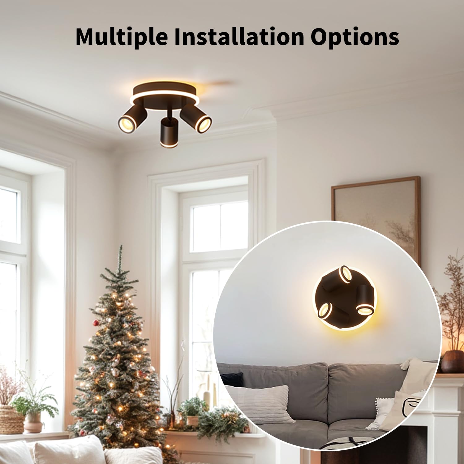 LVWIT Lámpara de Techo LED Giratorios con 3 Focos LED GU10 -Orbicular de Metal Negro, Focos de Techo para Lámpara de Techo para Dormitorios, Salones y Cocinas(Sin Bombillas).