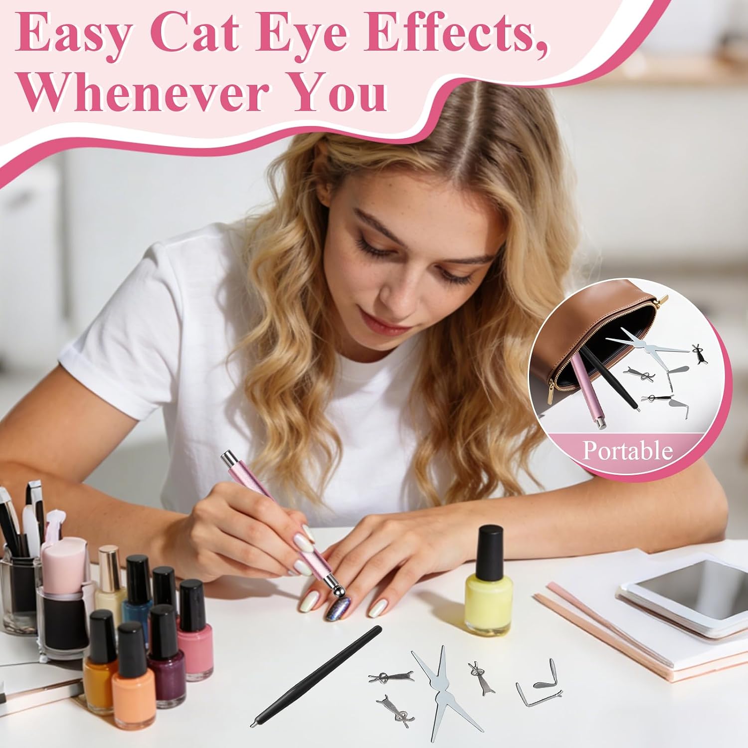 3 in 1 Cat Eye Nail Magnet Set, Magnet Nail Art Pens with Steel Ball Round Beads and Guides, Multi-Effect Cat Eye Gel Nail Polish Magnets for Nail Art DIY Salon Manicure Design (Pink)